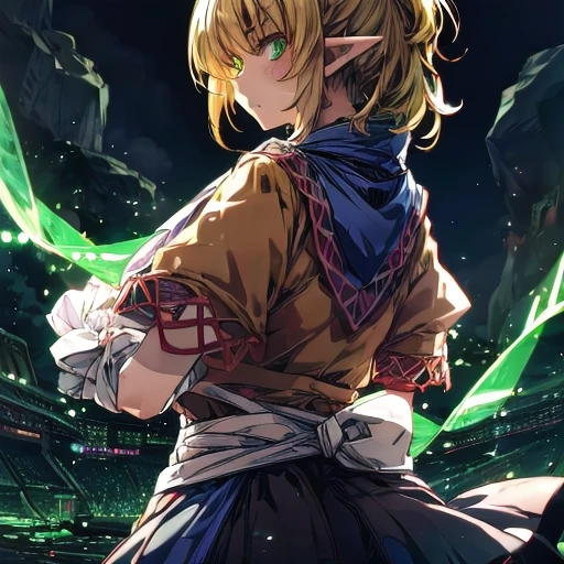 glower, au \(d elete\),mizuhashi parsee, 1girl, blonde hair, pointy ears, ponytail, short hair, green eyes, scarf, arm warmers, skirt, darkness, glowing eyes, look back, Jealousy, resentment, envy, anger, raised eyebrows,