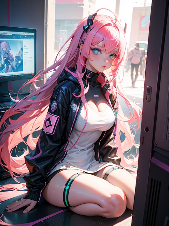   at full height, Like ， Anime girl with pink hair and a futuristic costume in town, hyperrealistic cyberpunk ,  Cyberpunk anime girl,   Cyberpunk digital anime art  , dreamy cyberpunk girl, Anime style. 8 k, female  Cyberpunk anime girl, digital cyberpunk - anime art ,  anime portrait space cadet girl , portrait of a cyberpunk girl , beautiful cyberpunk girl face, anime stylized 3d,   Photorealistic rendering of anime girls  ，(RAW photo:1.2)，camel&#39;s foot，Notch on ，sweaty leggings，white liquid， smooth pink skin ,  shiny metallic glossy leather, brilliant, 　spread their legs　M-shaped legs,angry look,sullenness,irritated， white liquid по всему телу ，  at full height, Like 