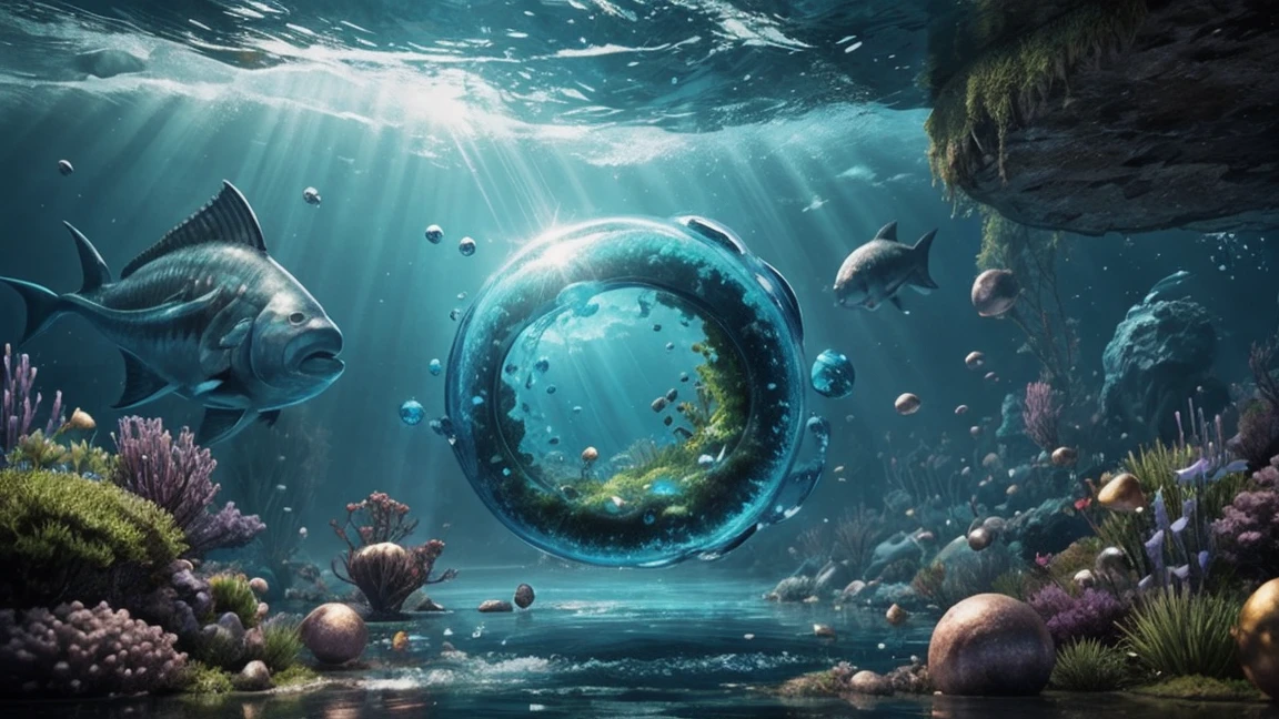 Highest quality、Fantastic deep sea、Bubbles Rising From Below 、 astonishing fantasy 3d rendering,  surreal digital artwork, Detailed dreamscape, 3d rendering digital art