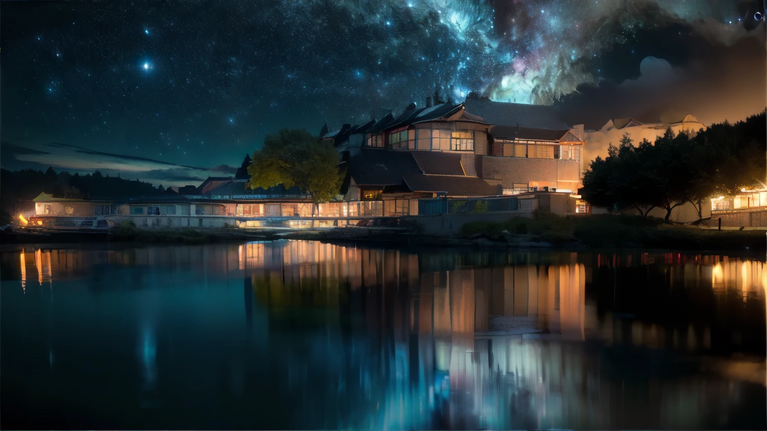 (Realistic:2.3), In detail, quality, Rembrandt Lighting, (masterpiece:1.2), (photoRealistic:1.2), (best quality), (Intricate details), dramatic, Ray Tracing, lake, (Long-distance shots, Establishing Shot:1.5), water, (reflection:1.1), Night Sky,milky way, 16:9 aspect ratio landscape, galaxy blue night sky