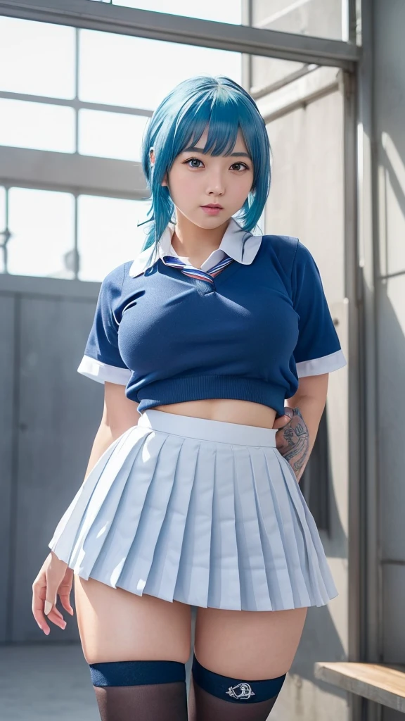 ((One Girl:1.4)),(masterpiece, Highest quality), ayanami,Are standing,((Looking into the camera)),(((Blue Hair)))、(((Berry Short))),(((I can see your chest))),(Nipples are visible), Leiayanami, Rei Ayanami, whole body、I can see your thighs、classroom、Are standing、
blue dress, mini skirt、dress, neck ribbon, pinafore dress, ((red ribbon)),ribbon, , Short sleeve, short-sleeved 、Beautifully detailed face、Rear View、Small butt