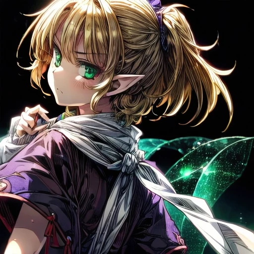 glower, au \(d elete\),mizuhashi parsee, 1girl, blonde hair, pointy ears, ponytail, short hair, green eyes, scarf, arm warmers, skirt, darkness, glowing eyes, look back, Jealousy, resentment, envy, anger, raised eyebrows,