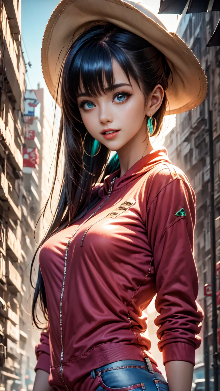 panoramic, whole body, ( High Resolution:1.2), super detailed ,  actual ,  clearly focused ,Gorgeous,4K,8k, HD.  masterpiece , hiper  actual ,  highly detailed , 1 beautiful girl , Happy,  beautiful smile  , risilla ,  Con sombrero rojo , earrings, transparent sweatshirt, green , Longhair, Cover ,  nasolabial  , permanent, medium, navies, earrings, (Reality: 1.5),  cyberpunk, neon city, neon, 3d, CGI,  volumetric rays , White sclera, Honey eyes, ( original photo,  Mejor calidad ,  masterpiece , Fotor actual , Highest quality,  highest image quality ,  High Resolution, 8k, HD:1.2), vivid, under a chestnut tree , clearly focused , super detailed ,(( 8K extremely detailed unified CG background )), 超Reality主义和梦幻般的纹理, amazing and mysterious essence ,