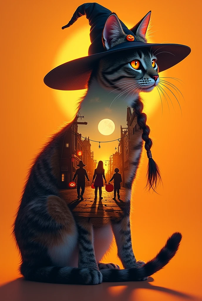 high-definition image, eyes realistic sizing, realistic skin, drooping eyes, smiling, various patterned feminine casual dress, swollen areolas, (squatting and spread legs, highly detailed realistic texture panties), strong sunlight, braid, old fashion, skyscrapers, 
A highly detailed colorful image of a double Exposure Cat with a witch hat. Inside the cat is a Halloween scenery with ren wearing Halloween costumes going trick or treating in a street. Moon. Stars. Pumpkin lights. The background is mutted orange. Tiny glowin

Hyperrealistic, splash art, concept art, mid shot, intricately detailed, color depth, dramatic, 2/3 face angle, side light, colorful background
