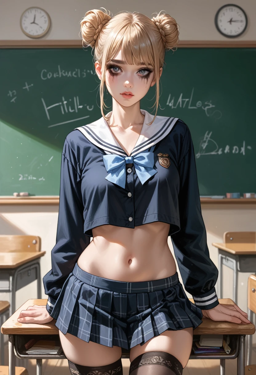 score_9, score_8_up, score_7_up, sfw, Anatomically Correct, cowboy shot, girl, blond hair with  2 buns,bangs, dark mascara, 1 college girl, wearing a sexy school outfit including a tiny mini skirt, a short crop top, thigh-high stockings, her navel showing.   The scene is set in a classroom, with a blackboard in the background and desks neatly arranged. 