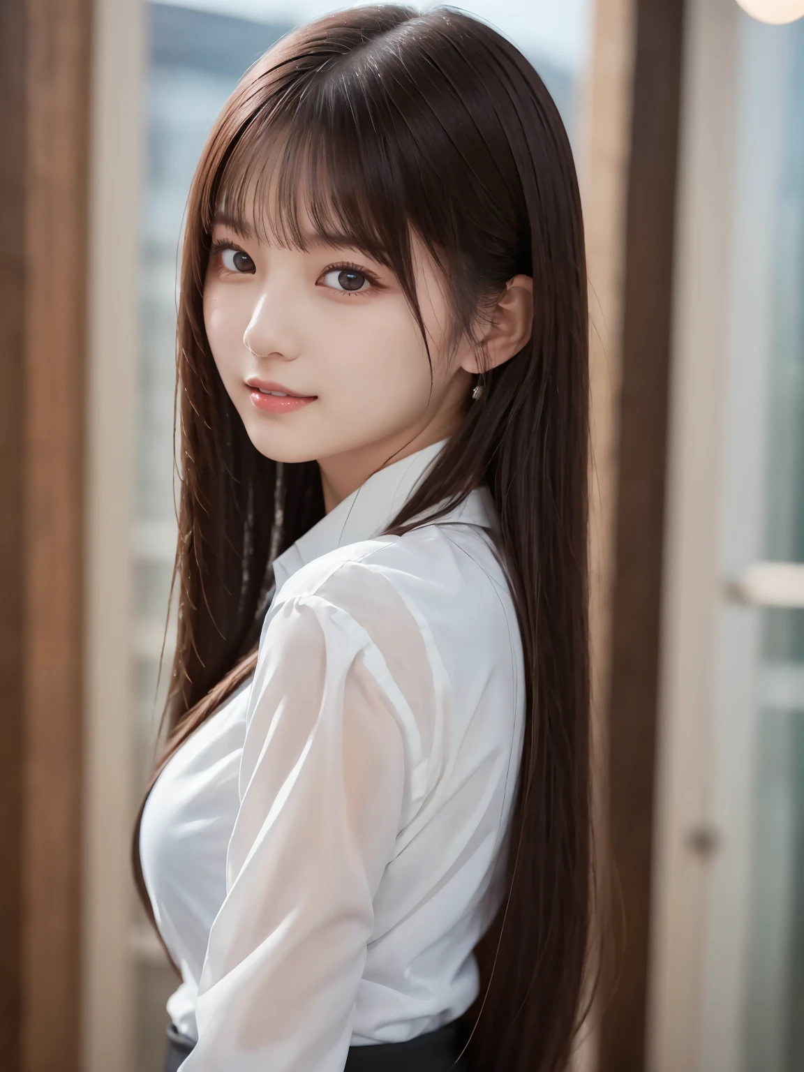  white shirt 、(Mini skirt : 1.2)、(suit : 1.5), Complex and beautiful eyes、woman、 womanらしい黒髪、(Delicate and realistic hair、１Realistic hair)、bangs、 naturally colored lips、smile、((White Indoor))、((18歳woman:1.2))、 young and adorable Japanese face, Official Art， highly detailed CG Unity 8k wallpaper，（masterpiece:1.0),(Best Quality:1.0), 超 high resolution,4K, very detailed, photo shoot, 8k,  NFSD,  high resolution,  Kodak portrait 400,  film grain ,  lens flare glow ,高いest quality,8k, NFSD:1.2),  Portrait Shot ,8k、 viewer, (((Front View))), ((facing))、 body facing forward 、Bold cleavage、 firm chest、 small face, Best Quality、 Super beautiful images、(stand up : 1.3)