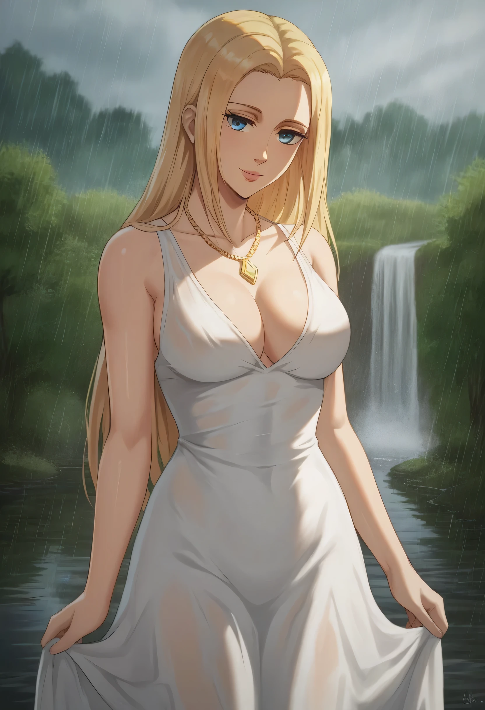 score_9, score_8_up, score_7_up, BREAK source_anime, historia reiss, blue eyes, blonde hair, long hair, medium tall breasts, long white dress sleeveless with gold sheer,perfect generates,pink lips,beautiful smile,beautiful breasts,Shining skin on shoulders and body,raining,,beautiful necklace,appear all historia body,historia soo white skin,reflection on historia hair,shadow on historia body, enjoying and laughing,historia soo white skin,soft body looking 