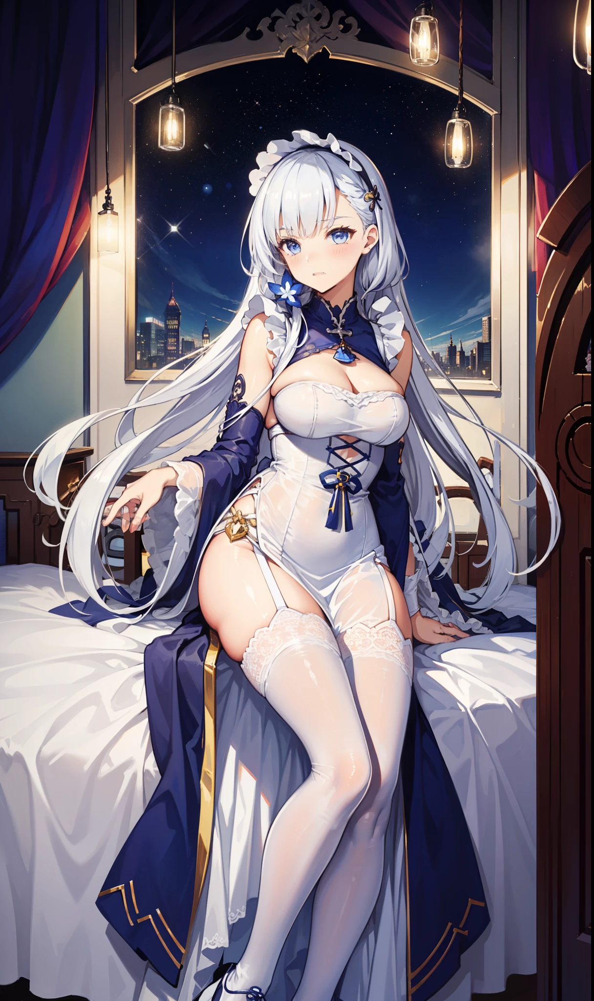 goddess，obsessed，have fun，in love，(White transparent maid uniform，With a long skirt)，Silver Hair，blue eyes，Transparent Clothes，Exquisite hair accessories，Transparent lace，Sky blue pattern，night，Dress nicely，bedroom，solitary，night，Engraved suspender boots，Beautiful face，Garter stockings，illustrious (maiden lily's radiance) (azur lane)