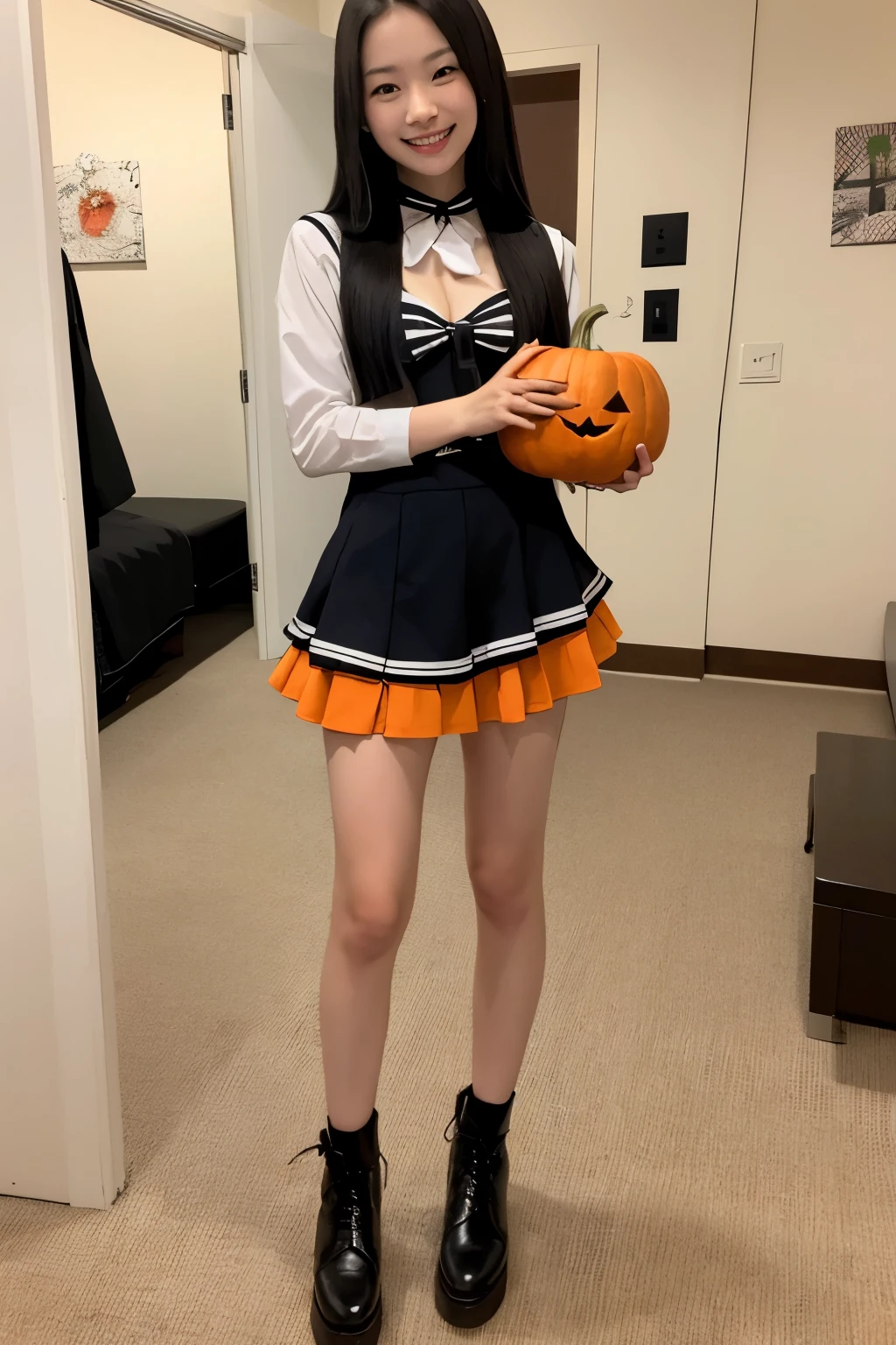 top-quality,masutepiece,独奏,((Jack-o'-lantern,Orange pumpkin:1.3、Peeler Candle,Ball Candle))),skirt by the, bags, plein air, jaket, crouching down, sockes, shoe, looking at the viewers, Brown footwear, 校服, Plaid, lowfers, blazers, brown haired, Plaid skirt, Black socks, long-sleeve, bangss, Open clothes, Open jacket, the bow, brown-eyed, pleatedskirt, a bow tie, tag, length hair, full bodyesbian, bush, Red bow, knee height, The shirt, Mouth closed, sleeves past wrists, rucksack, hand on own face, red bowtie, Black jacket, a school bag, red blush, a plant, Brown skirt, Put your hand on your cheek, bblurry, from side, Raise your hands, Look to the side, shirt with collar, a miniskirt, white shirt, cardigan, grassy, Sweaters, Light smile,longshot, (low angles), (top down), Realistic scale,Significant shrinkage:1.5、photos realistic、Super Detail, Realistic, Super realistic, lifelike rendering, (((darkened room:1.3))),Professional Photographer