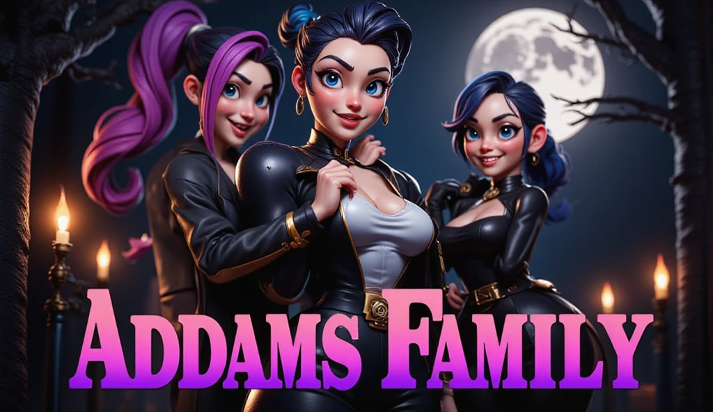 The thumbnail should feature Wednesday Addams at the center, with her iconic deadpan stare and black braided hair. She is reimagined in the 3D Disney-Pixar style, standing tall and confident. Surrounding her are other key characters: Gomez Addams on her left, with his mischievous grin, and Morticia Addams on her right, elegant and gothic, with long black hair flowing. In the background, create a spooky, dark, Halloween-themed setting, like the Addams Family Mansion or the Nevermore Academy, with twisted trees, pumpkins, flickering candles, and a full moon casting a mystical glow. The background should be dark but with enough contrast to make the characters pop. Add subtle hints of Enid Sinclair with her colorful hair and Uncle Fester’s glowing eyes in the shadows. Use vibrant, glowing effects to make the characters stand out, like Wednesday's pale face and Morticia's glowing red lips, against the spooky backdrop. Add bold, dynamic text at the bottom: "What If Addams Family Was Pixar?" in a gothic font with glowing effects to make it eye-catching.