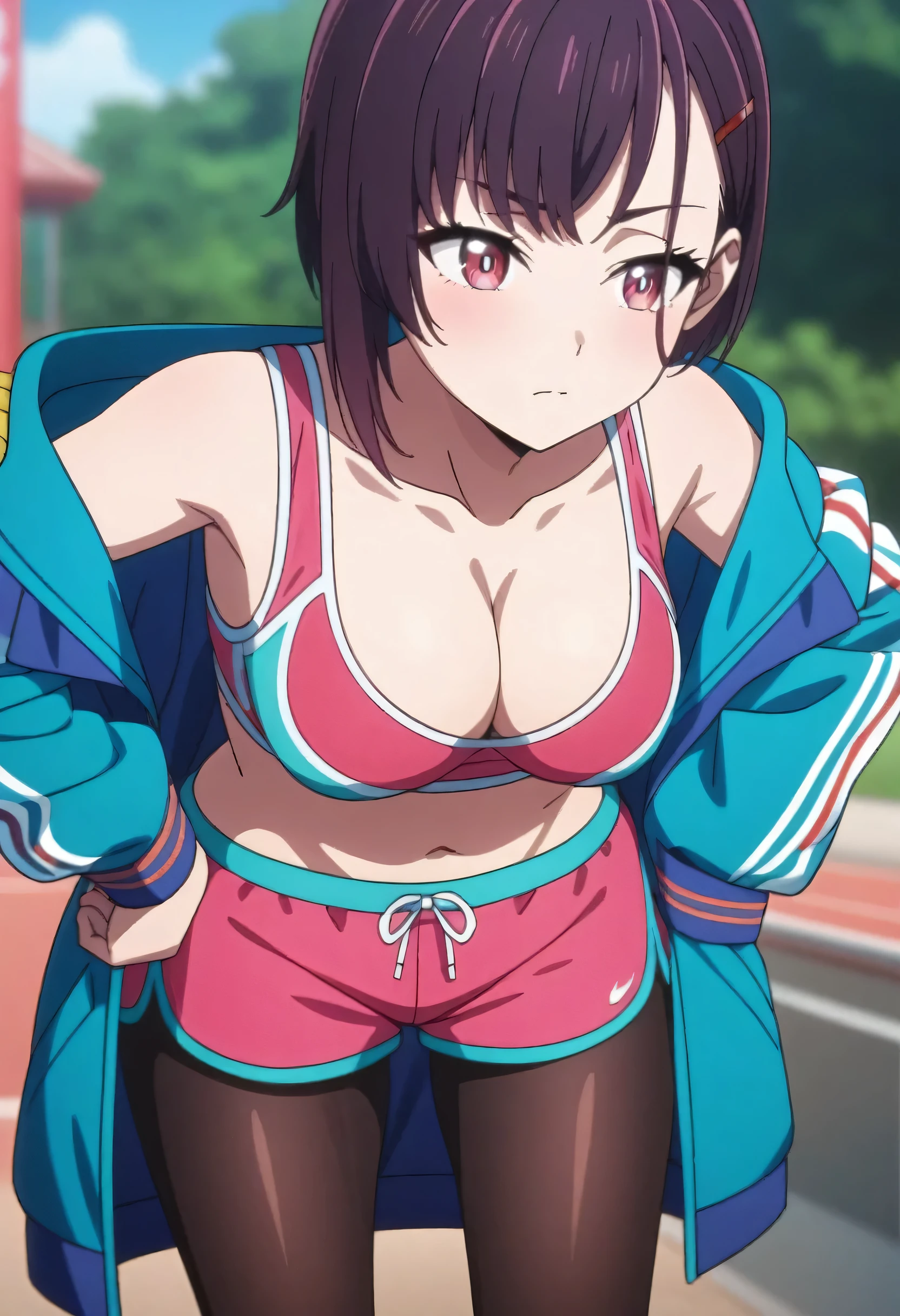 (masterpiece, best quality, very aesthetic, ultra detailed), intricate details, 1girl, shizukazom100, short hair, dark purple hair, bangs, hair ornament, hairclip, pink eyes, white pupils, breasts, CLEAVAGE, collarbone, blue jacket, sports bra, navel, midriff, pink shorts, pantyhose, hand on own hip, outdoors, leaning forward