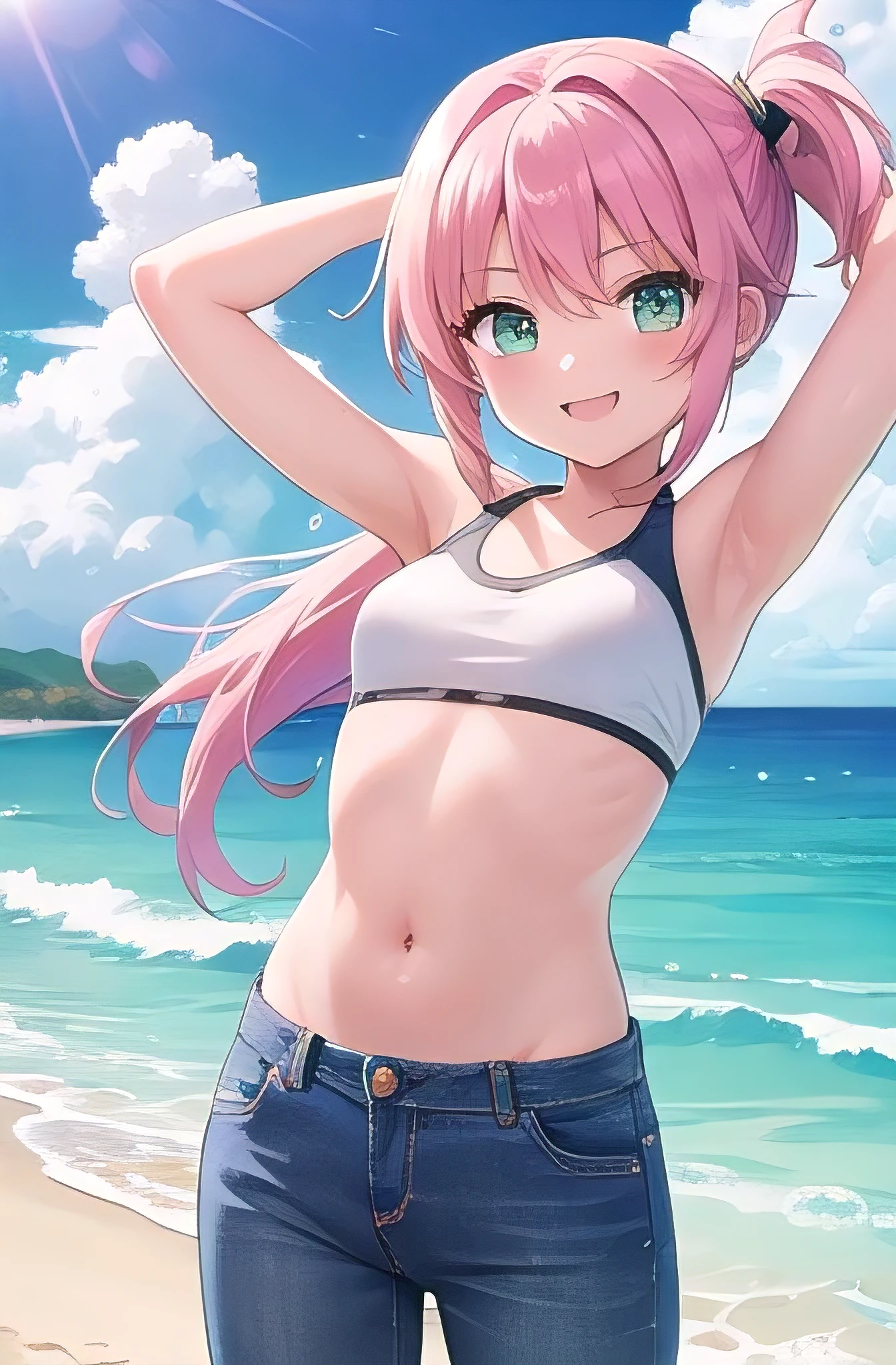 (Anime, Anime Art Style:1.2) Yuyushiki, Girl, 12 years old, Drenched in sweat, Smiling, Swimsuit, Seaside, Sun, (Looking away:1.5),Blue sky, Armpits
