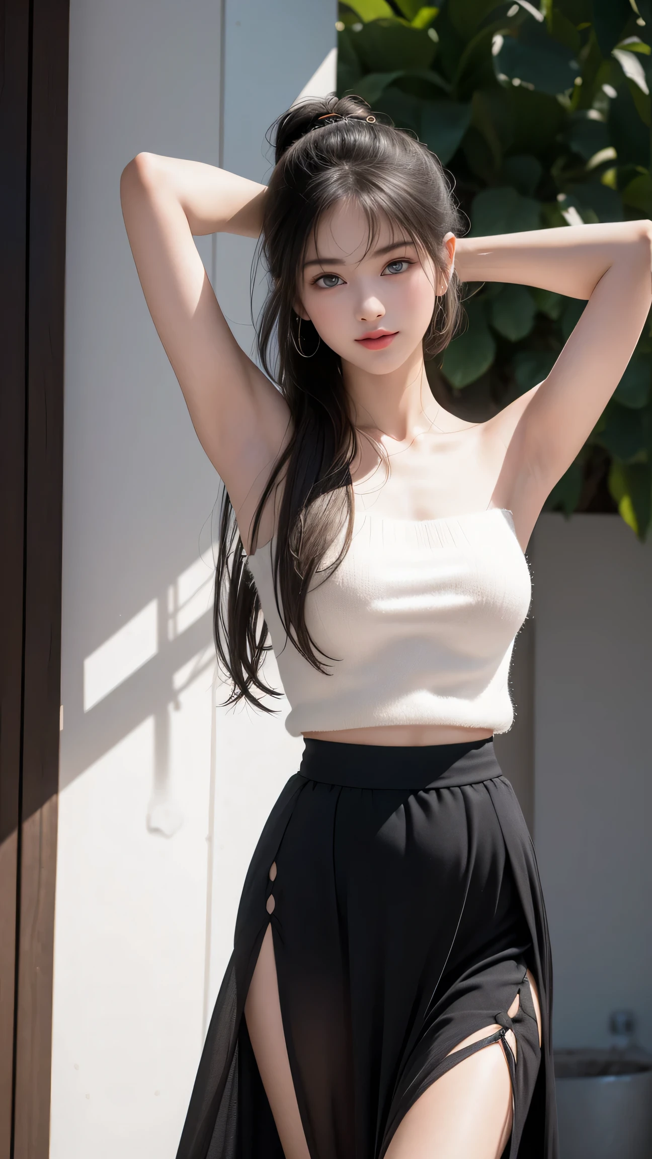 
(8k, RAW Photos, Best Quality, masterpiece:1.2), (Realistic, photo-Realistic:1.37),  very detailed,  ultra high resolution,  See One Girl ,  beautiful 精巧な顔, Smile, narrow,(( off-shoulder white hand knitted sweater showing the lower part of the chest, Sleeveless))(( Translucent Black Long Skirt 、 With Slits Up to the Waist )) 、(narrow waist:1. 3),  beautiful 、 smooth skin,  skin texture, Hair float, Professional Lighting, (8k、 RAW Photos、Best Quality、masterpiece:1. 2)、(Real、Real:1. 37)、 very detailed、 ultra high resolution、 1 girl、 viewers、 beautiful て濃い顔、daughter、Small waist、(Small waist):1.2、( beautiful て濃い顔、daughter、Small waist):1.3、( beautiful て濃い顔、daughter、Small waist):1.4。3)、 beautiful  smooth skin、 skin texture、Protruding Hairs 、Professional Lighting、human body、 Raise Your Armpits at a Chinese Restaurant 、Show me your armpits、Laugh、 Cute Ponytail 、  Beautiful Lighting from the Front 、 head on、Underarm、 raise your arms 、hara、Underarm、 show your sides、((underboob))、(( the lower part of the chest is visible ))Sleeveless、upper armを見せる、upper arm、Raise your hand、両 raise your arms 