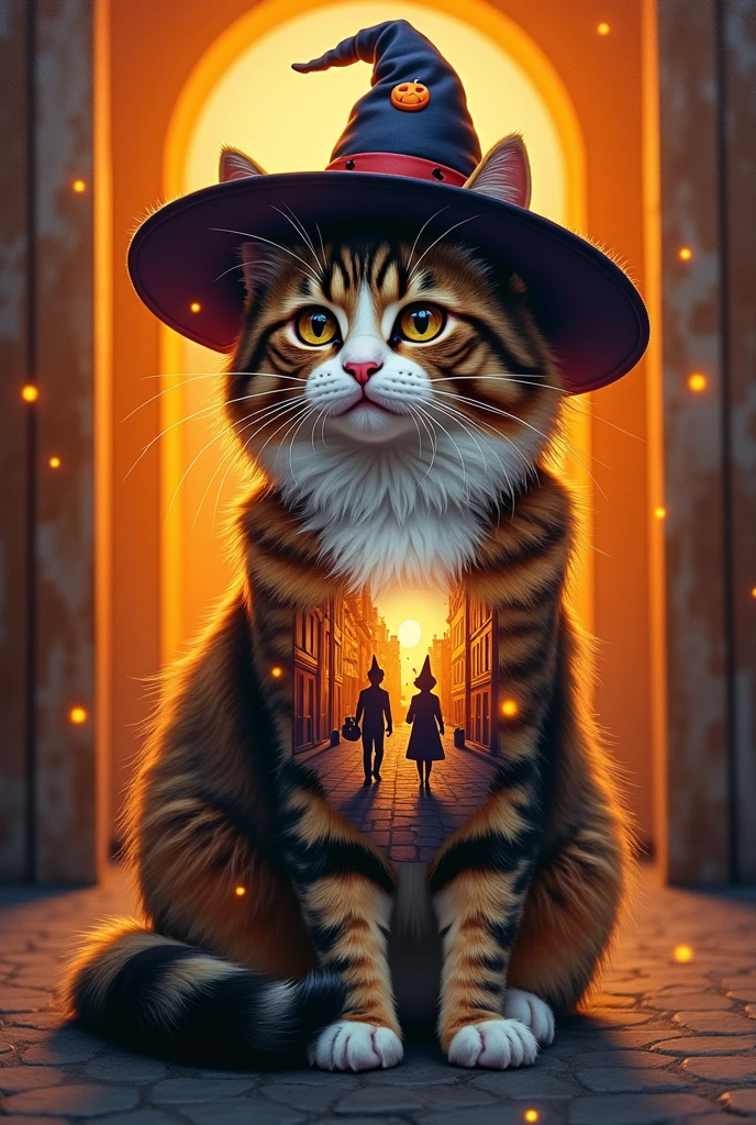 "a cute long haired cat sitting in a alley. oilpainting. rough brushstrokes. moon. stars."
high-definition image, eyes realistic sizing, realistic skin, drooping eyes, smiling, various patterned feminine casual dress, swollen areolas, (squatting and spread legs, highly detailed realistic texture panties), strong sunlight, braid, old fashion, skyscrapers, 
A highly detailed colorful image of a double Exposure Cat with a witch hat. Inside the cat is a Halloween scenery with ren wearing Halloween costumes going trick or treating in a street. Moon. Stars. Pumpkin lights. The background is mutted orange. Tiny glowin

Hyperrealistic, splash art, concept art, mid shot, intricately detailed, color depth, dramatic, 2/3 face angle, side light, colorful background
