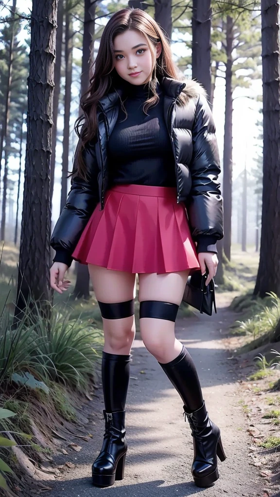 Mean curvy beautiful young schoolgirl ,  beautiful  teen face, short black silk skater skirt,   a young girl in a short black silk ruffle skirt, wearing in a red puffer short shiny puffer, brunet long hair,  beautiful eyes, black stockings,  high heels boots, girl - standing in the wood, photorealistic , smile face, perfect legs, full size figure, short black silk skater skirt,  perfect figure, short red puffer