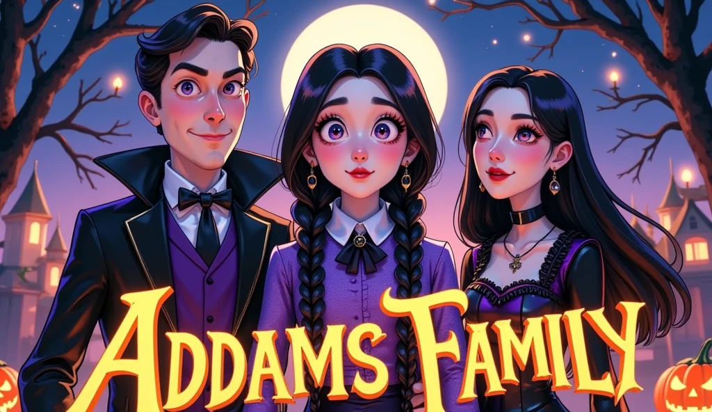 The thumbnail should feature Wednesday Addams at the center, with her iconic deadpan stare and black braided hair. She is reimagined in the 3D Disney-Pixar style, standing tall and confident. Surrounding her are other key characters: Gomez Addams on her left, with his mischievous grin, and Morticia Addams on her right, elegant and gothic, with long black hair flowing. In the background, create a spooky, dark, Halloween-themed setting, like the Addams Family Mansion or the Nevermore Academy, with twisted trees, pumpkins, flickering candles, and a full moon casting a mystical glow. The background should be dark but with enough contrast to make the characters pop. Add subtle hints of Enid Sinclair with her colorful hair and Uncle Fester’s glowing eyes in the shadows. Use vibrant, glowing effects to make the characters stand out, like Wednesday's pale face and Morticia's glowing red lips, against the spooky backdrop. Add bold, dynamic text at the bottom: "What If Addams Family Was Pixar?" in a gothic font with glowing effects to make it eye-catching.