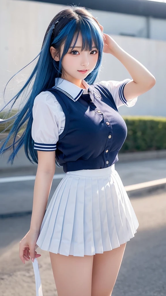 (Masterpiece) (High Detail) (High Res) A short slim humanoid girl with pale human skin and blue eyes and long blue hair and blue dog ears and a fluffy blue dog tail and medium breasts. She is stood outside in the park and is smiling shyly. She is wearing a pleated skirt and white t-shirt.