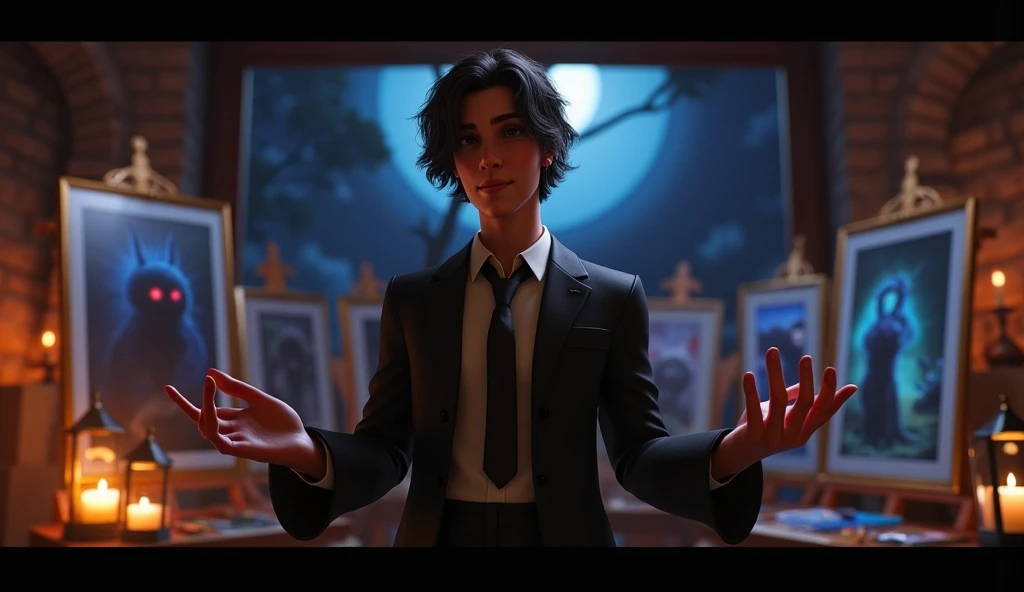 a 3D Pixar-style Xavier is depicted as tall and athletic, with wavy, shoulder-length hair and piercing eyes. His school uniform—a black blazer and tie—gives him a polished, mysterious look, but in Pixar style, his features are slightly softened to emphasize his artistic, thoughtful nature. His hands, slightly oversized, highlight his skill as a painter. In the background, we see his art studio filled with canvases of dark, magical creatures coming to life, underlit by soft lanterns and the moon peeking through a cracked window, creating a spooky yet artistic vibe.