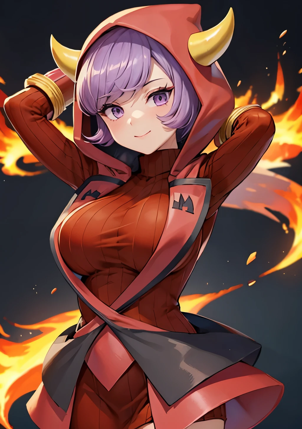 Perfect CG unity 8K UHD wallpaper, Perfect CG unity 8K UHD wallpaper, courtney, 1girl, solo, large breasts, looking at viewer, cowboy shot, smile, short hair, bangs, simple background, gloves, fire background, dress, closed mouth, purple eyes, purple hair, horns, hood, arms up, hands on head, sweater, eyelashes, red dress, red gloves, ribbed sweater, hood up, fake horns, sweater dress, horned headwear, ribbed dress, 