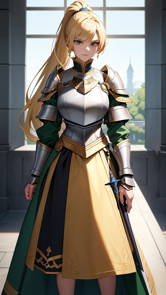 A female aide in the royal era. Wearing a breastplate and shoulder armor, with the lower armor shaped like a skirt. Underneath her armor, she wore formal royal attire. Her hair was blonde in a calf-length ponytail. Her eyes are emerald green in color. She always carries her signature sword sheathed at her side. A tomboyish demeanor.