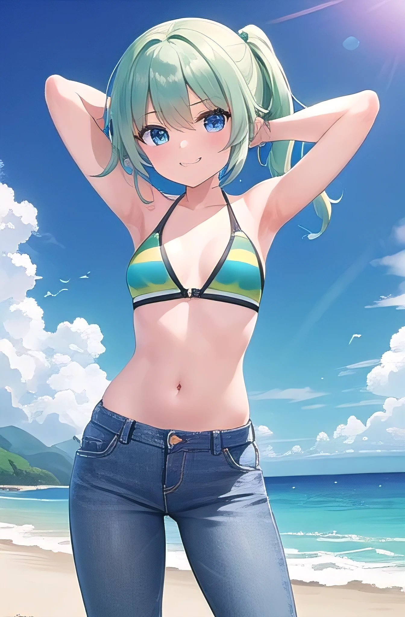 masterpiece,best quality,ultra detail,1girl, yo,smile happy,in the beach,sunshine,cloud,low ponytail, blue eyes, light green hair,Raise your arms and behind your head,White teeth,bikini,jeans, wind, midriff peek,