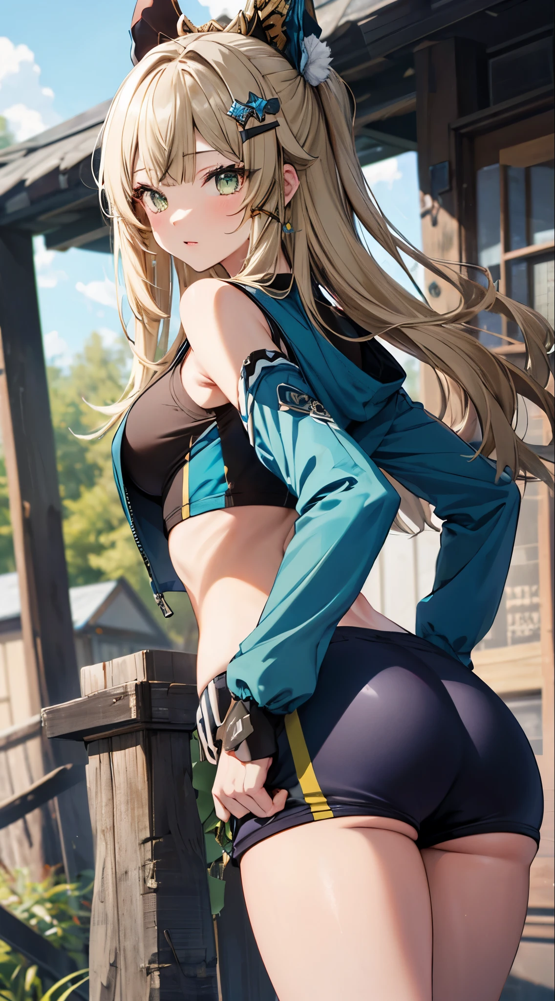 
kirara, genshin impact,1 girl, green eyes, blonde hair hair ornament, bare shoulders, black crop top,green jacket, Sportswear shorts, standing, outdoors, masterpiece, Noise Reduction, perfect anatomy, high resolution, ultra-detailed, ultra-detailed face ,beautiful detailed eyes, perfect body, visual art, sparkling pupils, looking back at viewer, (((big ass)))
