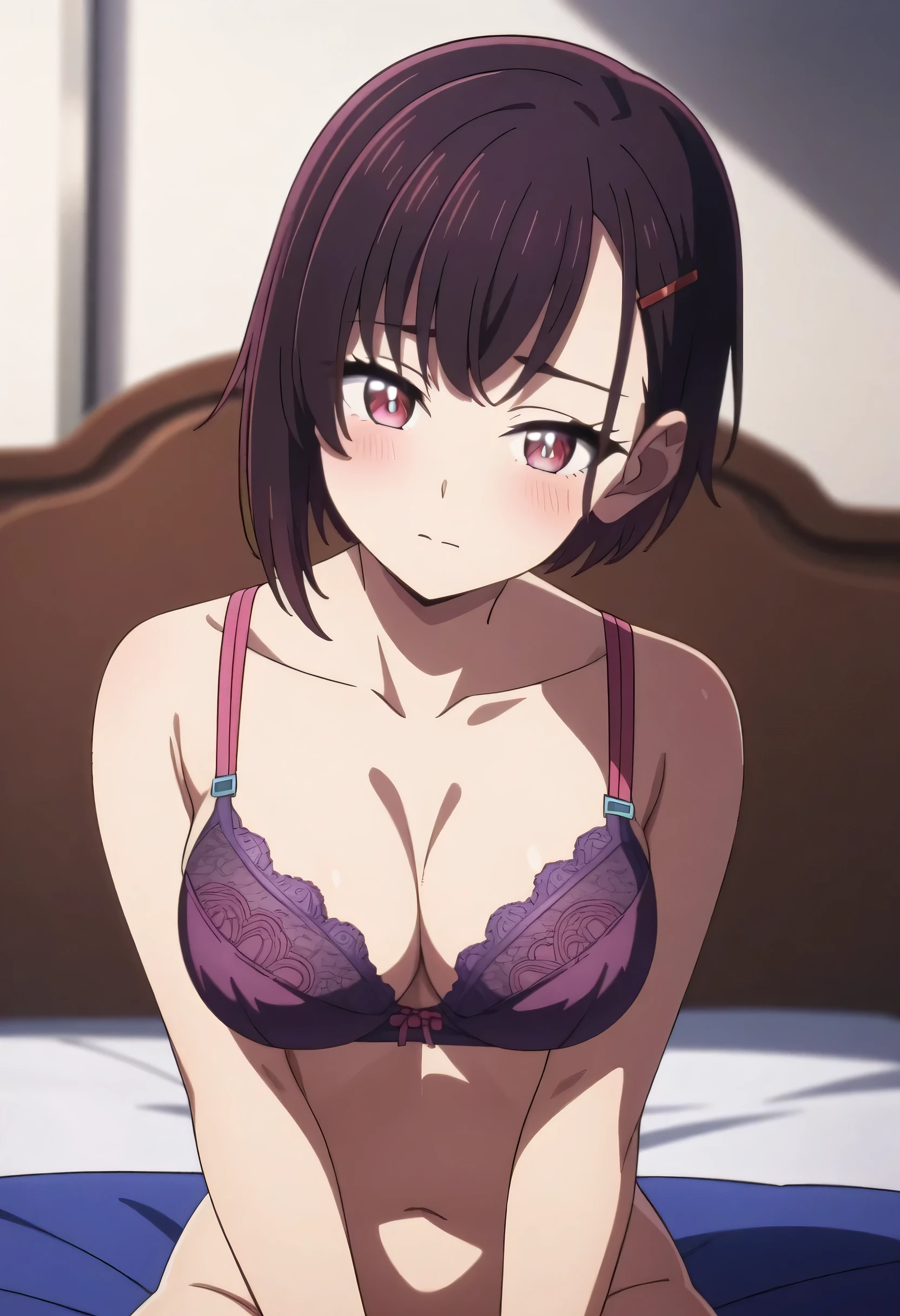 (masterpiece, best quality, very aesthetic, ultra detailed), intricate details, 1girl, shizukazom100, short hair, dark purple hair, bangs, hair ornament, hairclip, pink eyes, white pupils, breasts, purple lace bra, sitting, on bed