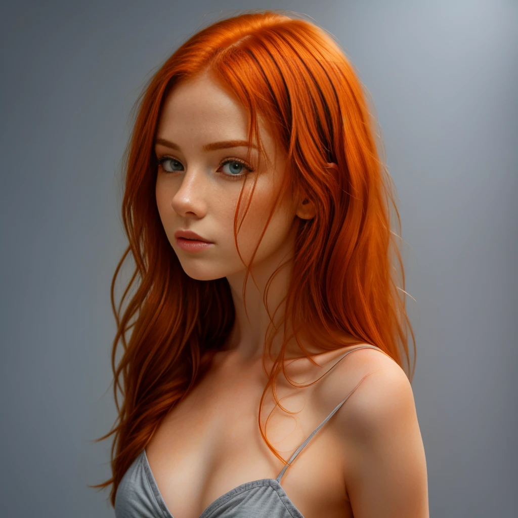 (masterpiece, best quality:1.2), ((1 girl, solo)), irish, slim, beautiful redhead, long ginger hair, ((face and shoulder portrait)), (standing), plain gray background, masterpiece, HD high quality, 8K ultra high definition, ultra definition,