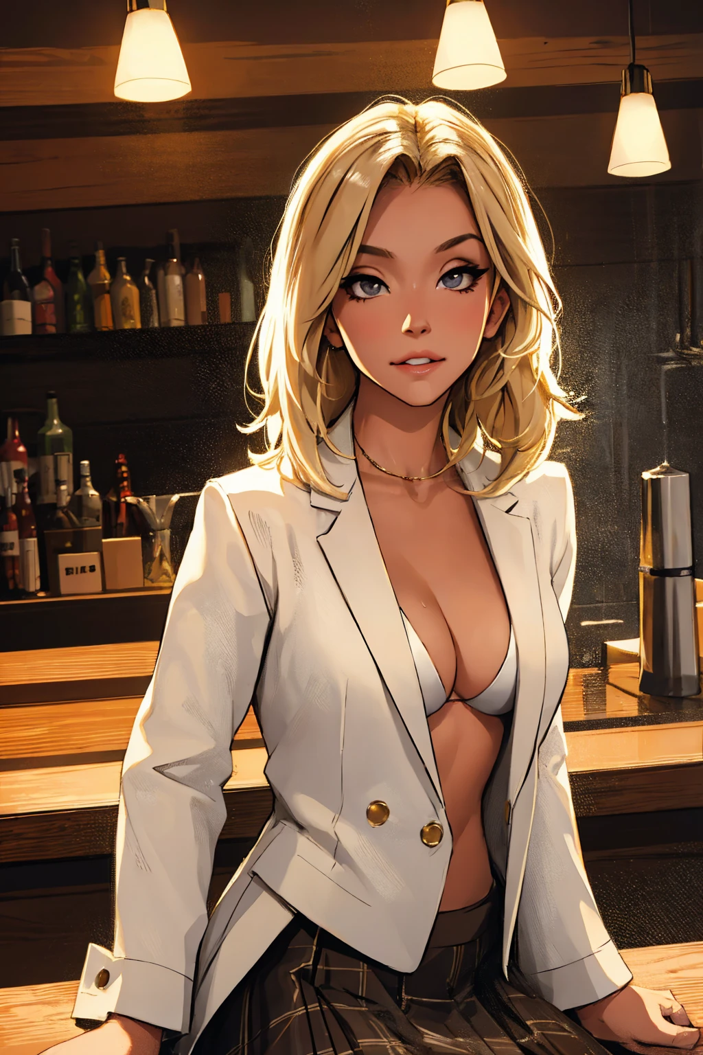 girl at a nightclub sitting at bar, eyeliner (masterpiece) (best quality) (detailed) (8k) (HDR) (wallpaper) (cinematic lighting) (sharp focus) (intricate) blonde hair, biting lip, medium hair, white and gold, sexy, blush, aroused, cleavage, shiny , wet skin, girl, dark makeup,  action pose, jumping over bar, white shirt blazer and plaid skirt, AlexiaThompson01R
