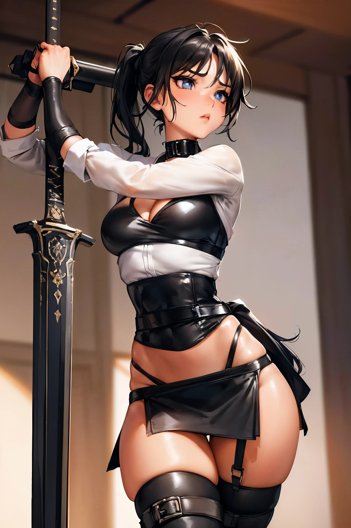 ( standing :1.5, cowboy shot)(masterpiece),(masterpiece:1.2, Best Quality), ( natural side lighting, Movie Lighting ),( High concentration), (Detailed skin), viewer , ( face with no sense of incongruity), 1 female, Alone, Confidence 、、 perfect face, PERFECT BODY 、((Big Breasts:1.5、 clevis)), (black_ Thigh Straps)、( 1 girl,Alone, black髪 , straight hair, blue eyes , Thick thighs, Kasumi in ninja clothes , blackの首輪、 purple bandana wrapped 、Restraint belt on waist、( multiple straps on the hands and feet :1.5)、 leather harness restraint 、( MINI SKIRT LENGTH 、 white loincloth:1.5),Thigh holster、black bondage costume、 blackい太もも丈のブーツ , sword in a scabbard on the back ), Elegant makeup、(( shiny skin:1.5, Glowing Skin 、 oily, shiny skin )), blue eyes , wide hips 、bangs、 Long Ponytail ,( The background is the roof of a Japanese castle at midnight ), background from the ceiling 、 depth of field 、 Random Poses 、 studying while sitting at an appropriate angle 、