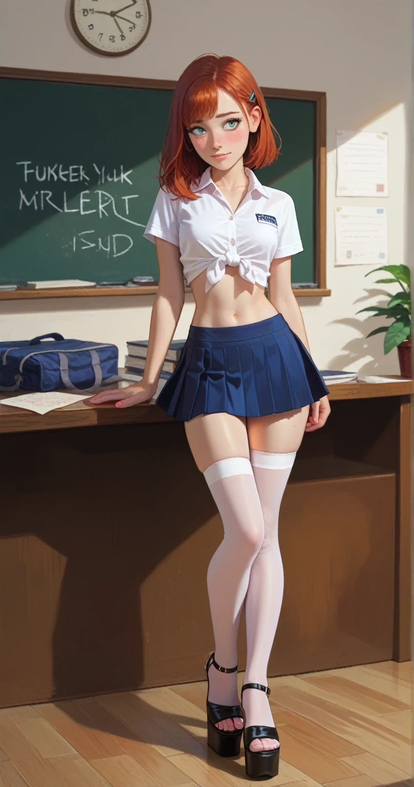 score_9, score_8_up, score_7_up,  1 student ,  wearing a sexy school suit ,  including her mini skirt , a short crop top, thigh high stockings,  her navel is seen .   The girl is shy and embarrassed , her face turns red .   The scene unfolds in class  ,  in the background is a blackboard and neatly arranged desks, full body, girl in high platform sandals and high heels, , very young,