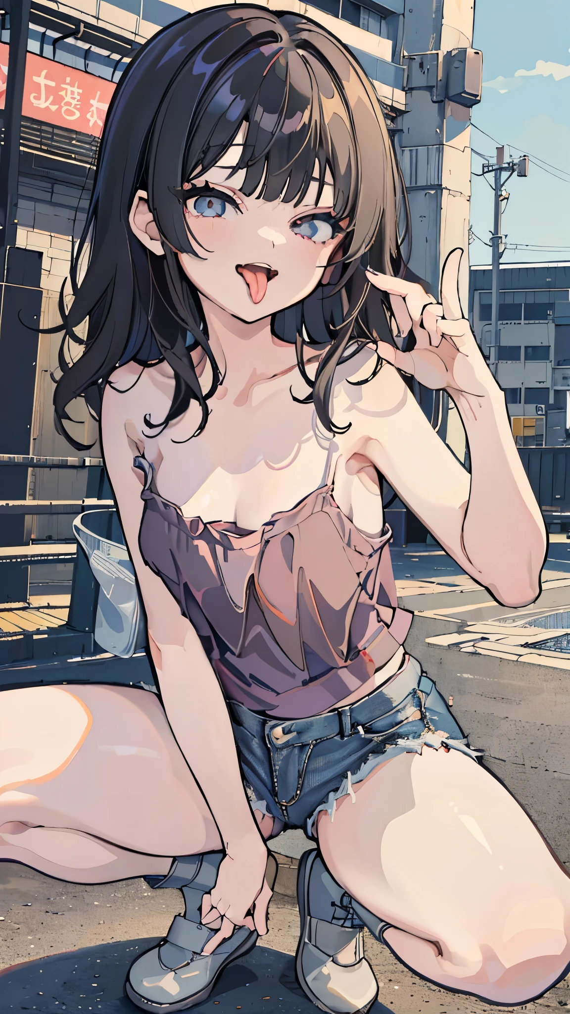 ((masterpiece、Best Quality、 very detailed))、 one girl playing pranks、Black Hair、medium hair、(( wavy hair in front of the station))、blunt bangs、Grey Eyes、evil smile、((open mouth))、((tongue licking))、 small breasts、((camisole))、denim short shorts))、thighhighs、shoes、squatting、Fellatio gesture、Alley Background