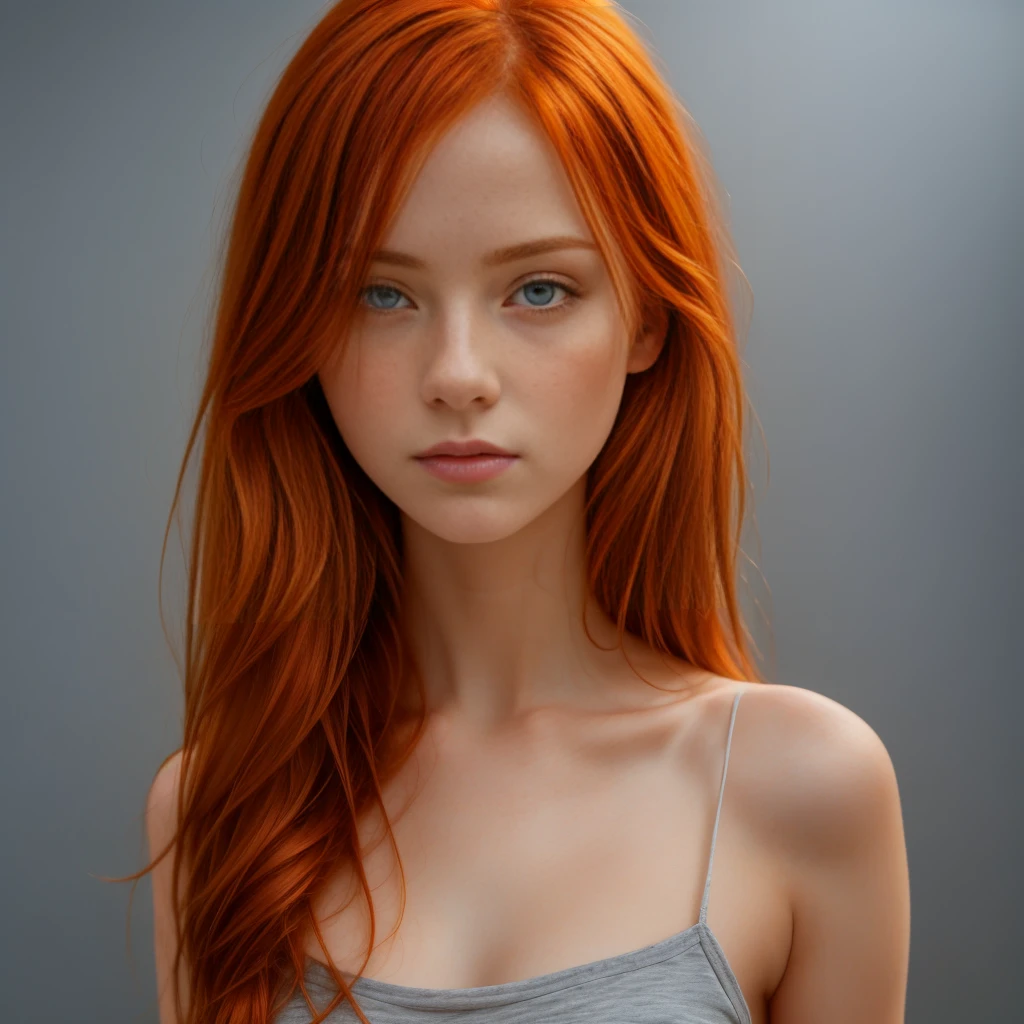 (masterpiece, best quality:1.2), (( 1 girl, Alone)), Irish, slim, 21 years,  beautiful redhead , fell, red hair, (( portrait of face and shoulder)), (standing),  simple gray background , masterpiece, HD high quality , 8k ultra-HD, Ultra-HD,