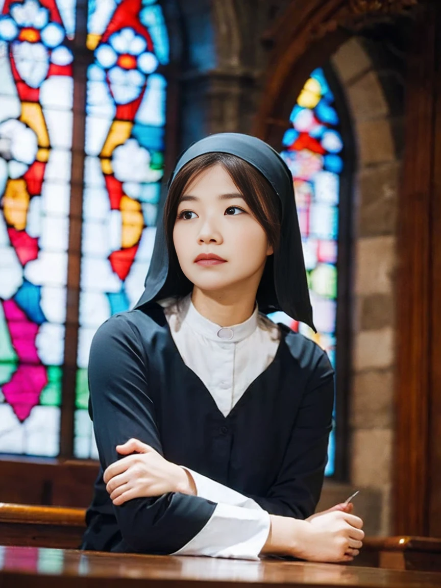  table top to cover upper arms、 high resolution、Beautiful Nun、 viewers、 Sacred Atmosphere ,  Gothic Church ,  Stained Glass,  sunlight shines in, Solemn expression , Robe, Praying pose, woman, Alone,Portraiture