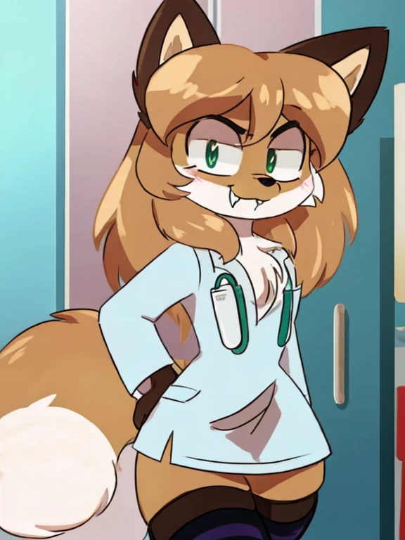 uploaded the e621, beautiful and detailed, woman (((female))) ((anthro)) Fox, (Averi, Fox girl), cinematic lighting, Fox, (anthro, fluffy fur), anthro fox girl, body fur, curvy, sexy, nice, cute, hot, comfortable anime-style cartoon-style, digital drawing, SFW, flat chest, green eyes, angry, smiling, nervous smile, sassy, sassy hips, (smug), fangs, looking at viewer, ((doctor uniform, wearing long white lab coat, open lab coat revealing chest, wearing white dress)), wearing a long white doctor's uniform that is open revealing her fluffy chest, wearing dress, wearing stethoscope on neck, wearing surgical headlight on head, (wearing sexy striped thigh highs, striped thigh high socks)