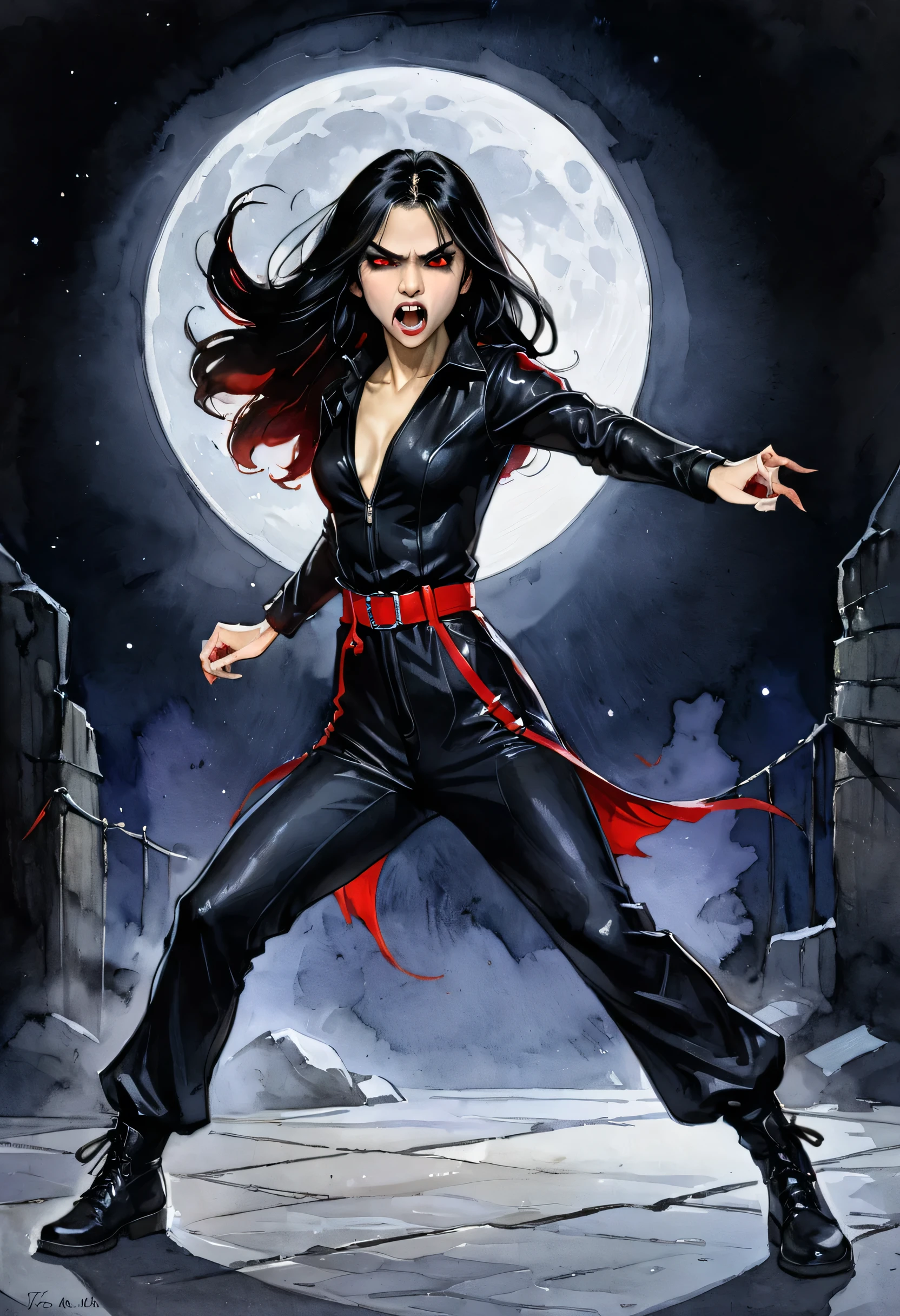 Masterpiece, ultra detailed, illustration, solo, 1girl, jenna_ortega_v4, Latina, long hair, black hair, thin and athletic, red eyes, vampire teeth, wearing black jumpsuit, art by Enki Bilal, watercolor, DeviantArt, high resolution, fr4z3tt4, black background, fighting pose, during night, cold lights, moon