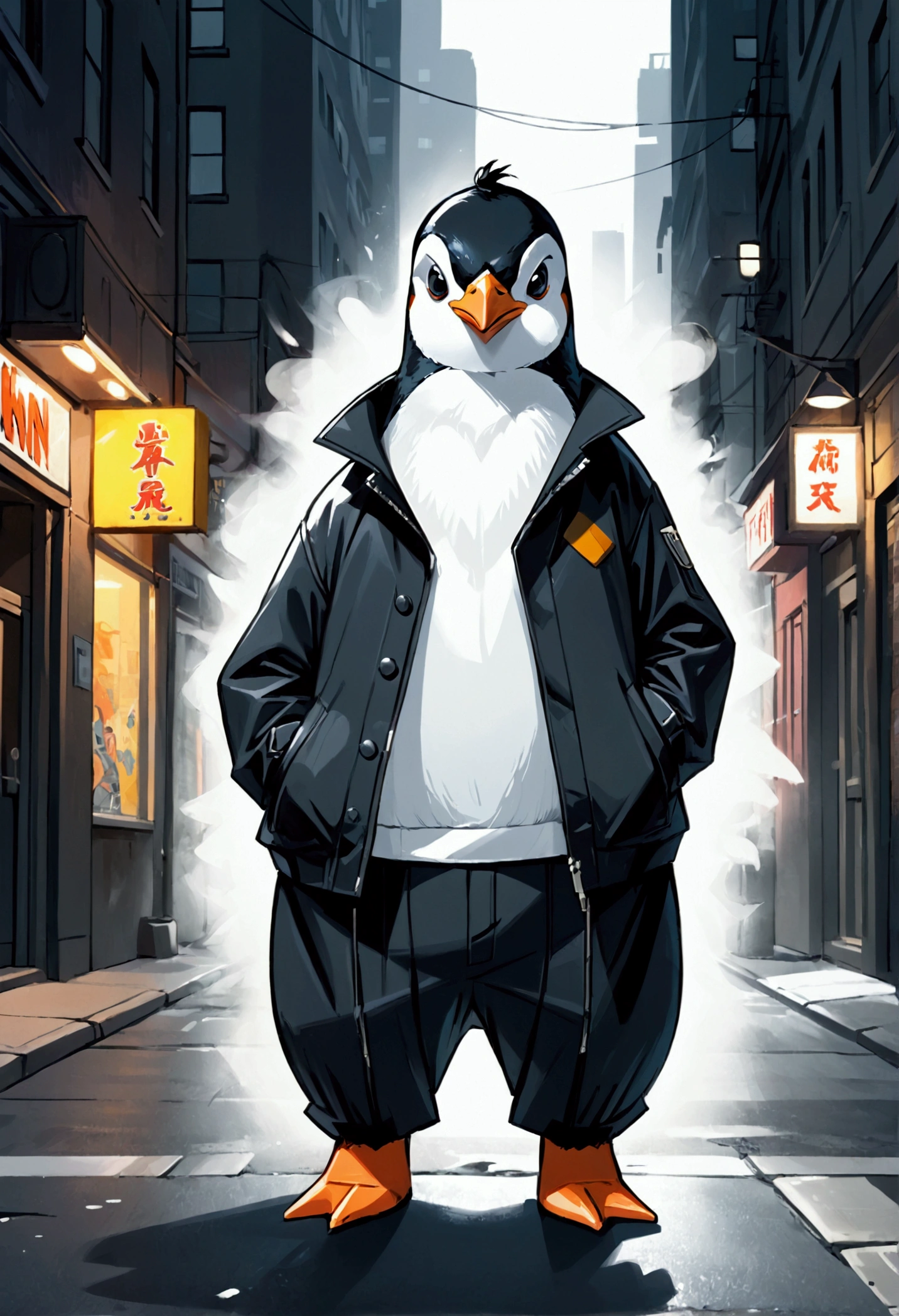 Anthropomorphism of The penguin cartoon gangster, short height, Create a penguin with a menacing gangster attitude, Penguin's feathers slightly ruffled, detailed humanoid eyes with sharp pupils, wearing a 1990s-Specific Trendy fashioned clothes, Ensure the penguin's posture exudes confidence and swagger, with one flipper resting on a hip. Incorporate a gritty, urban cityscape background with comic strip and dim lighting for added edge, ultra realistic, high detailed,