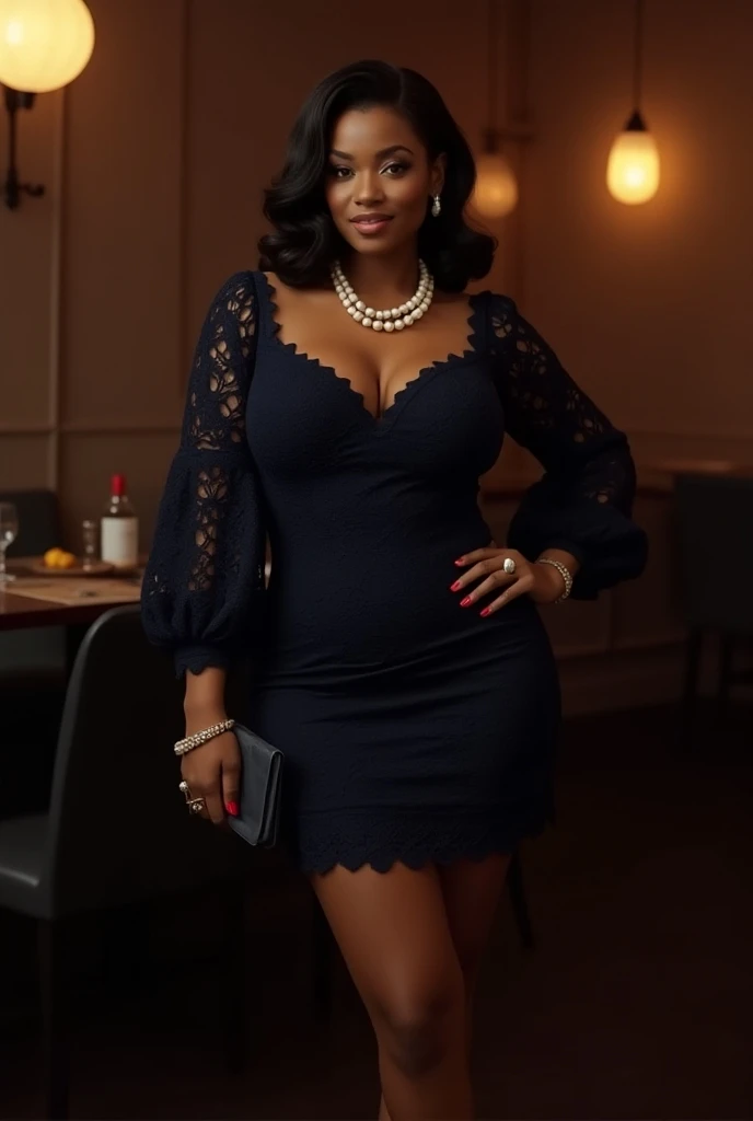 woman, long wavy black hair, smiling, big bust, wide legs, chubby, elegant black and silver dress, gray heels, black and silver balloons in her hands, birthday celebration, looking at the camera, photorealistic