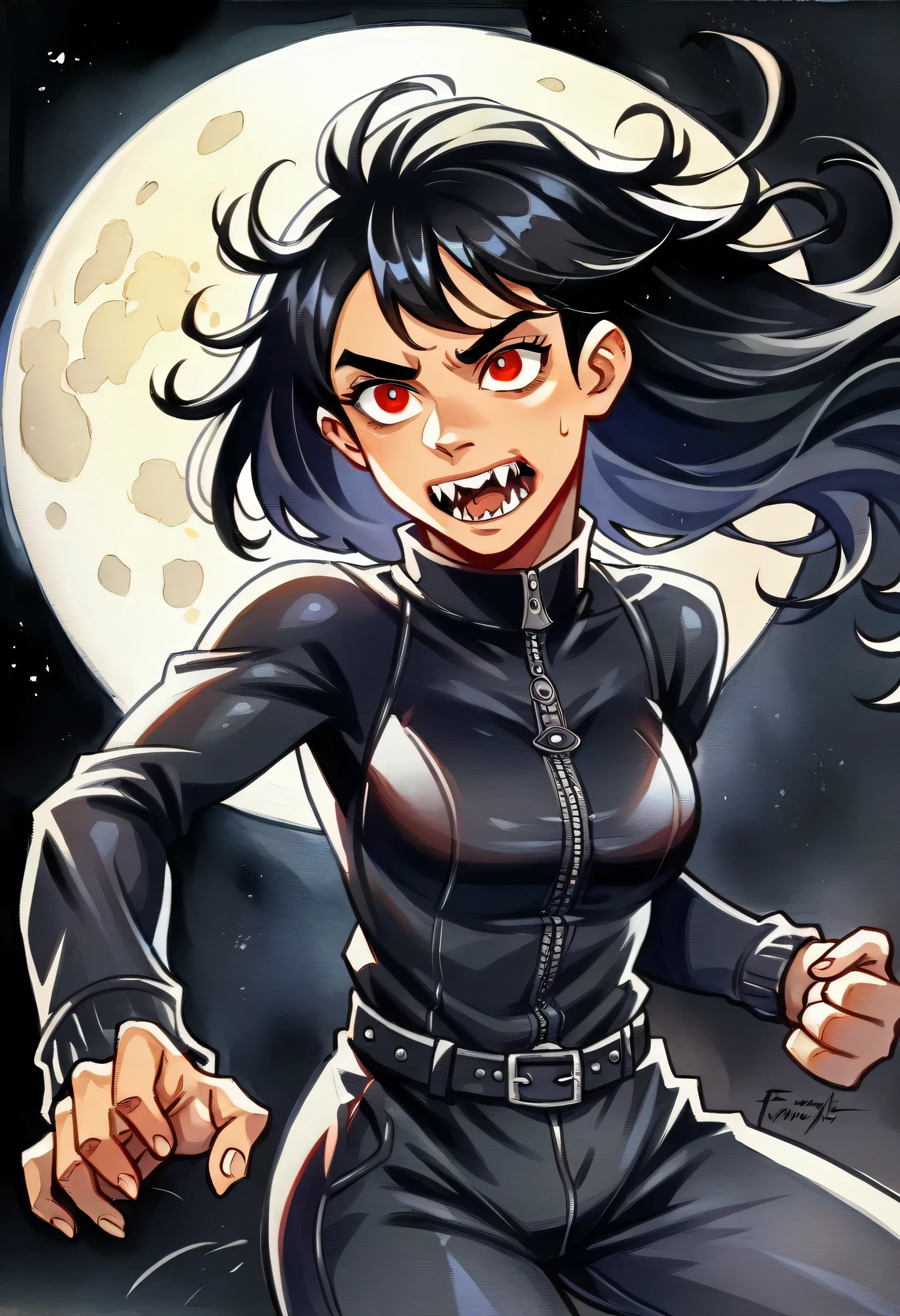 Masterpiece, ultra detailed, illustration, solo, 1girl, jenna_ortega_v4, Latina, long hair, black hair, thin and athletic, red eyes, vampire teeth, wearing black jumpsuit, art by Enki Bilal, watercolor, DeviantArt, high resolution, fr4z3tt4, black background, fighting pose, during night, cold lights, moon