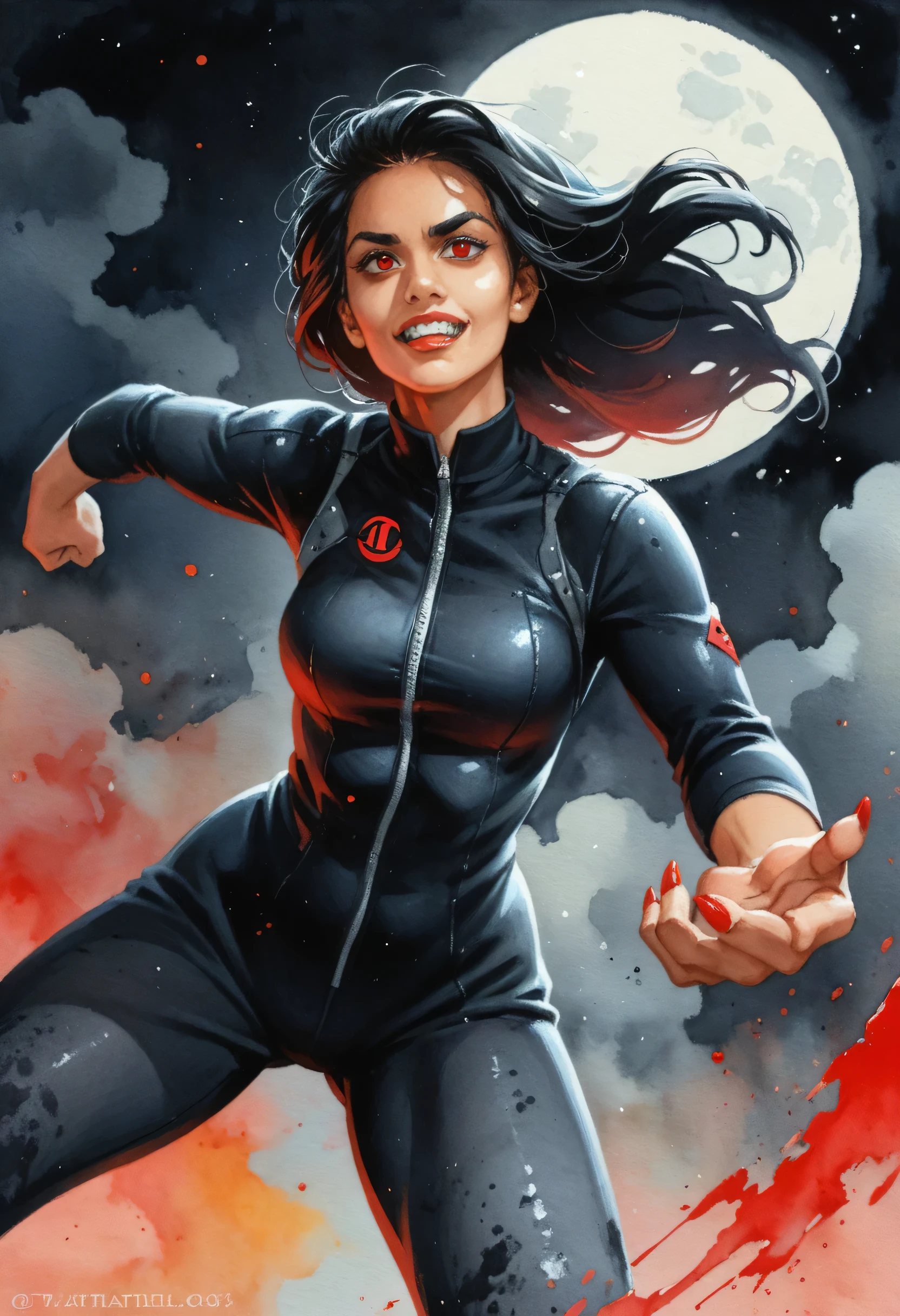 Masterpiece, ultra detailed, illustration, solo, 1girl, jenna_ortega_v4, Latina, long hair, black hair, thin and athletic, red eyes, vampire teeth, wearing black jumpsuit, art by Enki Bilal, watercolor, DeviantArt, high resolution, fr4z3tt4, black background, fighting pose, during night, cold lights, moon