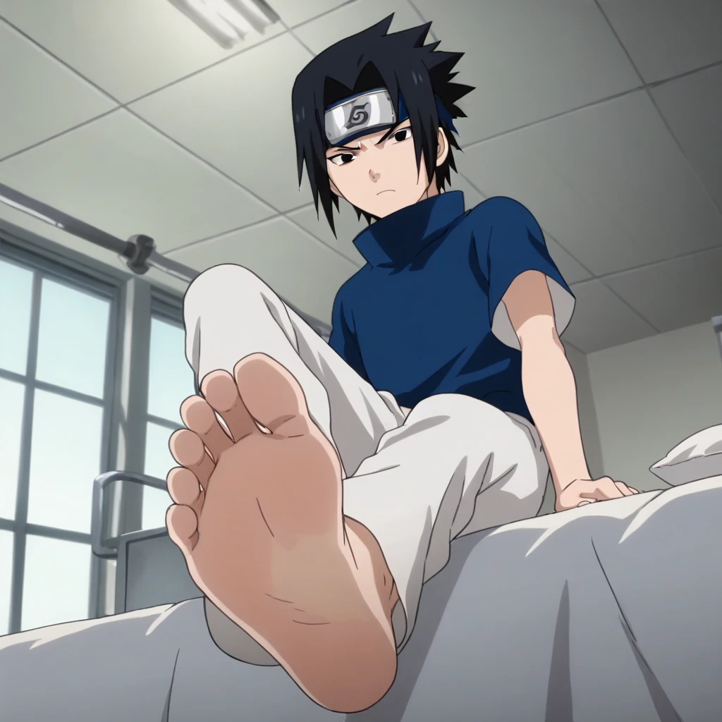 score_9, score_8_up, source_anime,
1boy, Sasuke Uchiha, black hair, short spiky hair, dark eyes, navy blue high-collar shirt, short sleeves, white trousers, alone, looking at viewer, serious expression, sitting in the bed, cowboy shot, ANIME SCREENCAP, anime coloring, in the hospital, barefoot, perfect feet, anatomically correct, soles, low angle, focal length 35mm, each foot has five toes, front, symmetrical soles, foot focus