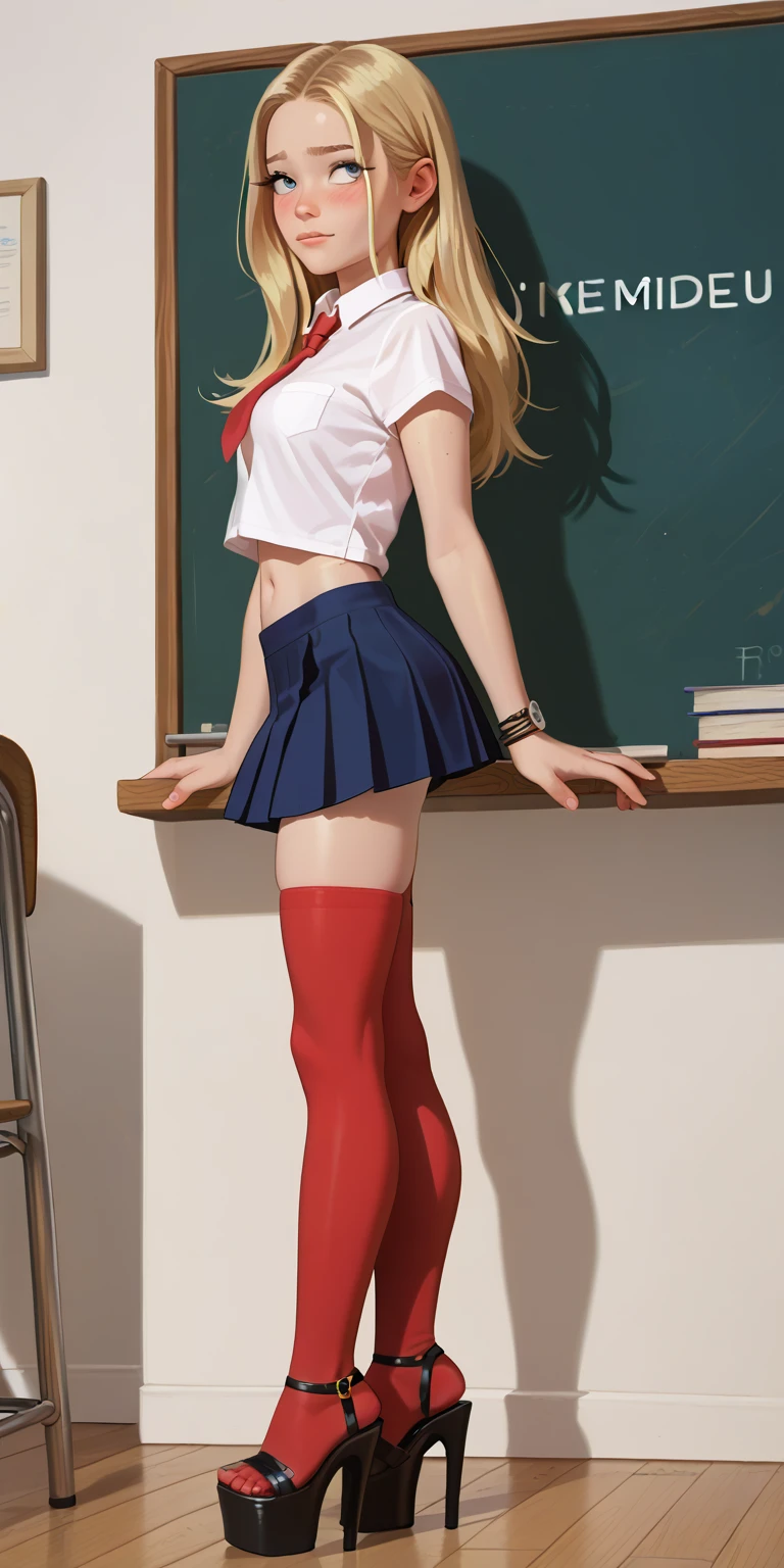 score_9, score_8_up, score_7_up,  1 student ,  wearing a sexy school suit ,  including her mini skirt , a short crop top, thigh high stockings,  her navel is seen .   The girl is shy and embarrassed , her face turns red .   The scene unfolds in class  ,  in the background is a blackboard and neatly arranged desks, full body, girl in high platform sandals and high heels, , very young,  blonde, long straight hair , side view.