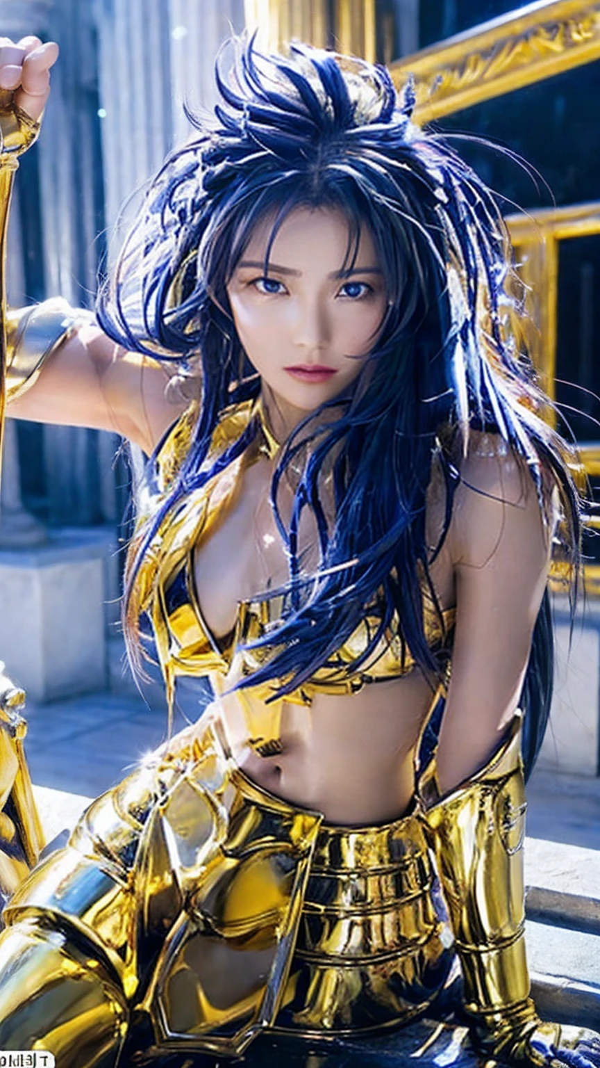 Ultra-detailed complex 3D rendering of the face, (masterpiece, top quality, octane rendering,), glamour shots, full body image, very beautiful young elves, cleavage, (highly detailed skin: 1.2), (exposure: 1.1), (((((gold micro bikini: 1.95)))). Beautiful Caucasian woman with white skin with full soft breasts (conspicuous large pink areolas)), (8K, golden butterfly filigree), (conspicuous large pink areola)), one, long braided hair, big breasts, dynamic angle, (((Huge breasts: 2.4)), ultra-realistic photos, (Blue hair)))), futuristic urban background, facial muscles, ((((Detailed and glamorous silver tiara)))) ), in the style of Marvel Comics, ArtStation Trends, Clear Focus, Intricate Detail, Very Detailed, Detailed Green Eyes, Very Detailed, Sharp Focus, Digital Rendering, Professional, Abs, Lip Gloss, Glossy Skin, Sexy Pose, Shot with Canon EOS R 6, ((((Sexy Pose))), Bonytail, Bare Feet, Wet Skin,