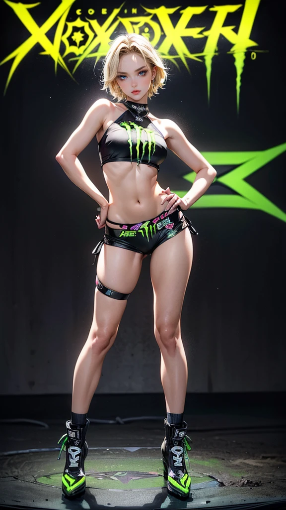 Sensual 24 year old Caucasian female,/( blonde, very short hair, /), blue eyes, (Monster energy girl, sexy black top with neon green logo on chest, Monster energy logo, patterns, /(black , silver, accents/), underboobs:0.8), ((sexy black top, monster energy logo)), BREAK I can see my belly button, ((Wear low rise black short pants with intricate beast scratch marks, \(visible thong straps\) , silver and neon green color patterns, intricate detailed:1.1)), Wear stiletto heels, (Place your hands on your hips, she has been captured audience attention, ), ((extremely description, X-sports:1.1, cool motocross machine , in stadium , night big game , existing , passionate audiences , many audiences, people:1.3)), (((absolutely detailed beautiful face, sexy face, ((extremely detailed, full body)),)))