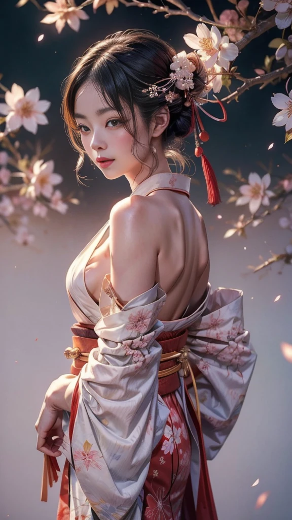 Detailed background, Cyberworld, Space Fantasy, elaborate costume{Luxury kimono(pale and coloured kimono(detailed embroidery,))}、(Japanese Idol(actress):1.2)(face perfect:1.2),Expressing a beautiful and elegant woman, Hairstyle Short Bob, Blur the background,((masutepiece)), ((Best Quality)),{{a portrait photo of}},full body Esbian、Faraway view,Like a corporate logo, Breast size is F cup, Dynamic angles, Angles from the air, Angle from below, 5 fingers, sitting on
