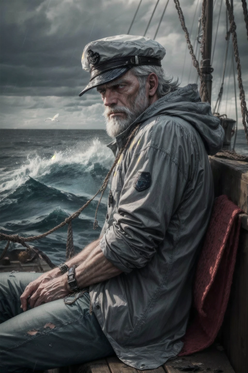 (RAW photo, 8k uhd, Analog style, Masterpiece, Best Quality, Highres:1.4), (dramatic, cinematic:1.2), BREAK,
movie shot of (80 yo:1.2) (old male:1.3) (fisherman:1.25) (sailor man:1.25) (sitting:1.1) (on deck:1.35) of (old dilapidated:1.2) (wooden sailboat:1.3), against railing, (from side:1.2), (stern face:1.2), (deep wrinkles:1.2), (gray long beard:1.3), (grey eyes:1.2), ((shabby:1.2) old (torn:1.15) (raincoat:1.1), brown (pants:1.1), (sailor hat:1.1) (sou'wester:1.2), jackboots:1.1), (lowered head:1.2), (tired sad expression:1.15), BREAK,
(stormy sea, gloomy dark clouds:1.2) on background, (splashes, water drops, rain:1.25), (seafoam:1.1), (flying white seagulls:1.25), (rocks, cliffs:1.3), (dark haze:1.2), (wet clothes:1.1), fishing (nets with fish:1.3) on deck, (ropes:1.1), (tense hopeless eerie atmosphere, cold, floes:1.2), BREAK,
(photorealistic:1.3), (rough details, (male focus:1.1):1.2), (desaturated, cold lighting:1.3), (hyperdetailed, absurdres:1.2), BREAK,
