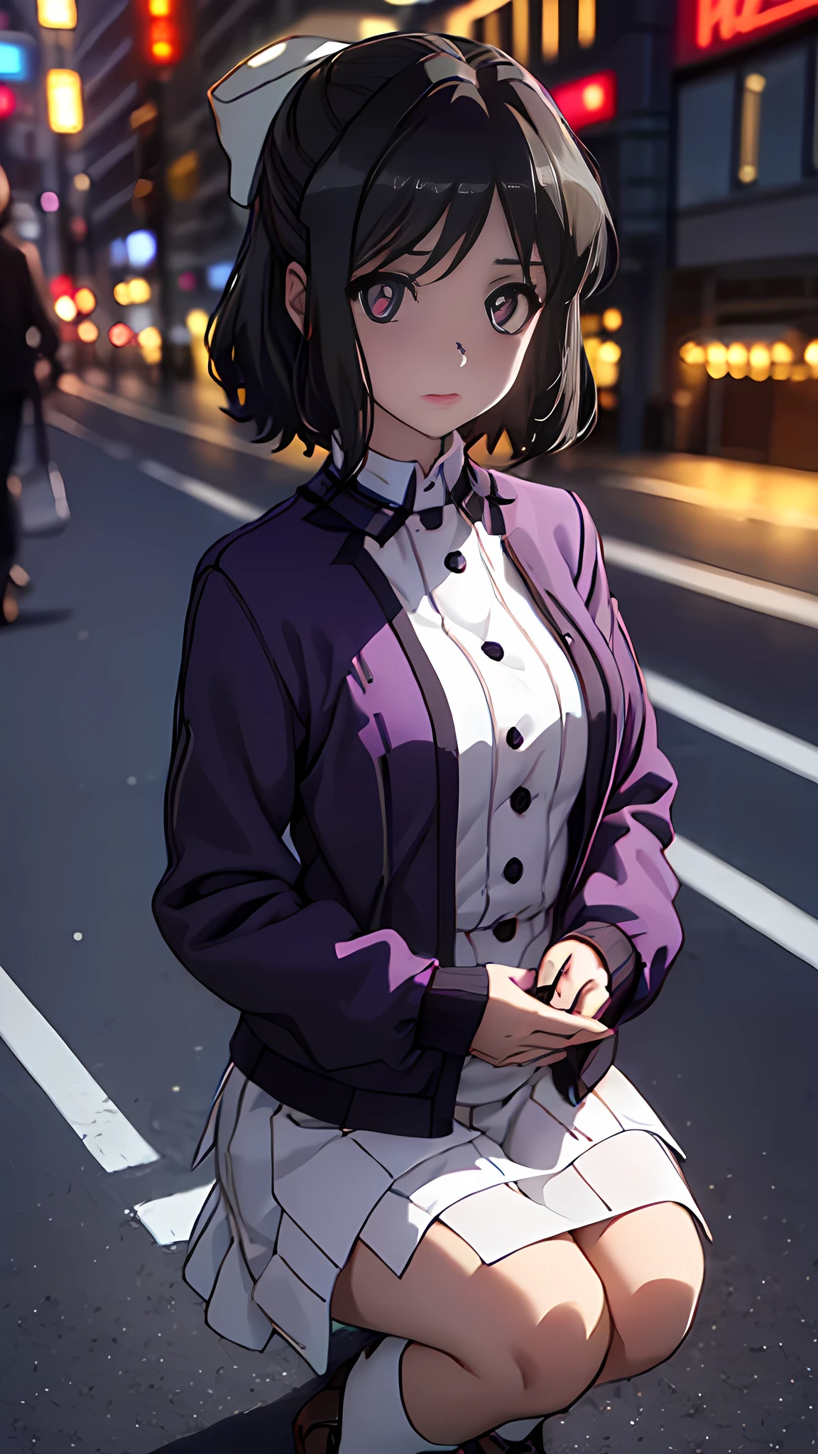 (((Highly detailed CG unit 8K wallpaper:1.2, ​masterpiece,  high resolution:1.2, top-quality:1.2, masterpiece))), ((  very beautiful woman , night:1.4,  Neon Street :1.4,  putting hands in pockets :1.8,  Street Fashion:1.5,  jacket:1.3, Put on your boots)), (( very detailed face,   Detailed Dark Eyes  ,   Extra Detailed Body ,   Best Quality Real Textured Skin)), (Black Hairの:1.2,  straight hair:1.2, Short-haired, white skinned,  exposed shoulder ), ((night:1.4,  Neon Street :1.4, Backstreets)), (High Angle:1.1,  close-up, Fisheye Lens:1.4),  surrealist ,  digital paint , Black Hair ,   purple eyes, Eyes with Clear Pupils  , 