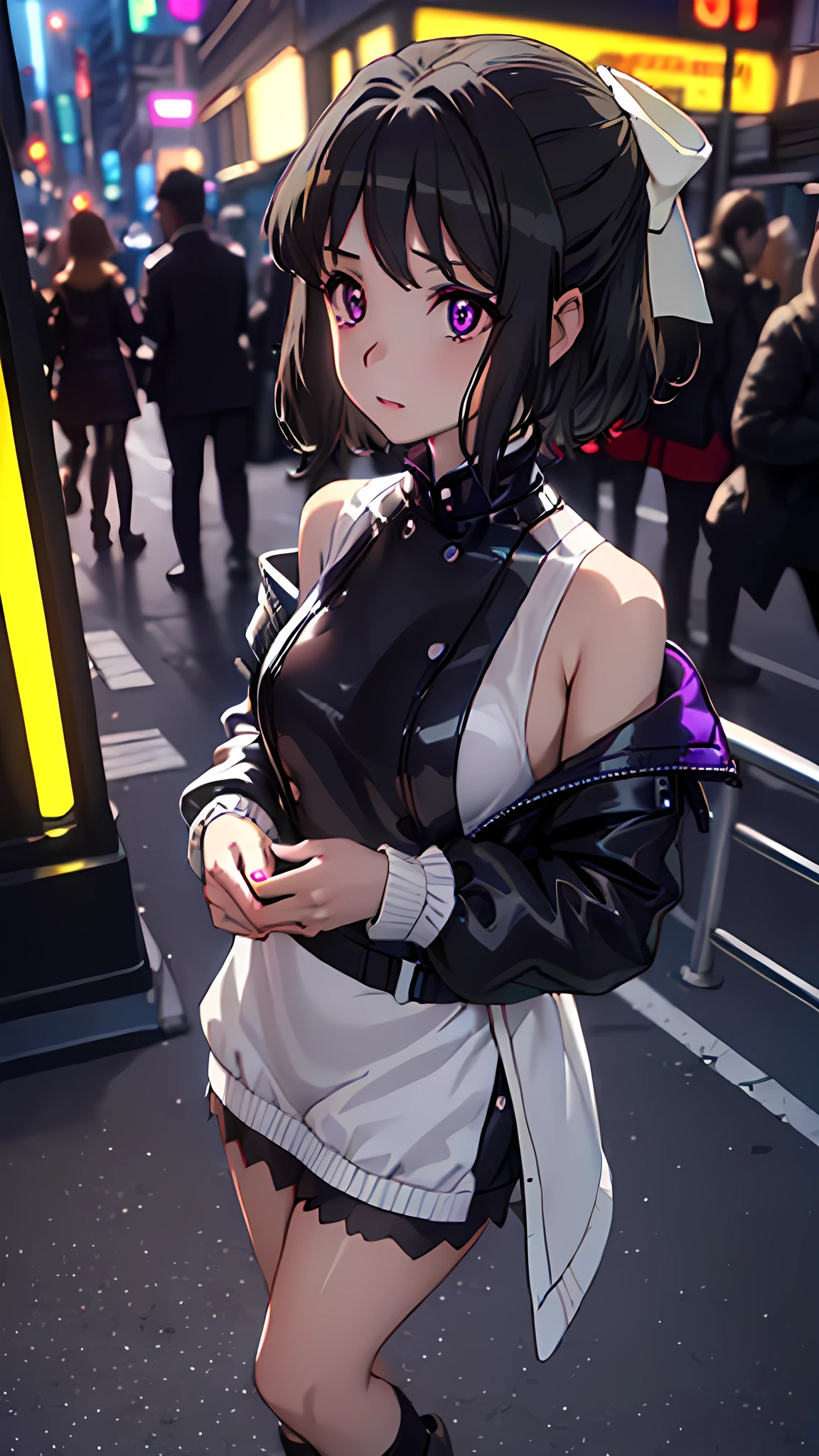 (((Highly detailed CG unit 8K wallpaper:1.2, ​masterpiece,  high resolution:1.2, top-quality:1.2, masterpiece))), ((  very beautiful woman , night:1.4,  Neon Street :1.4,  putting hands in pockets :1.8,  Street Fashion:1.5,  jacket:1.3, Put on your boots)), (( very detailed face,   Detailed Dark Eyes  ,   Extra Detailed Body ,   Best Quality Real Textured Skin)), (Black Hairの:1.2,  straight hair:1.2, Short-haired, white skinned,  exposed shoulder ), ((night:1.4,  Neon Street :1.4, Backstreets)), (High Angle:1.1,  close-up, Fisheye Lens:1.4),  surrealist ,  digital paint , Black Hair ,   purple eyes, Eyes with Clear Pupils  , 