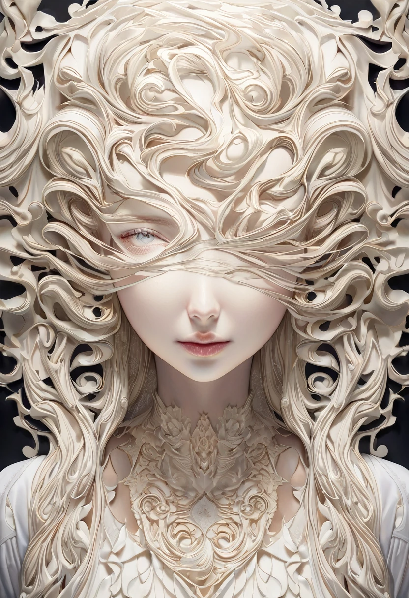 A striking art piece featuring a woman, with her head and shoulders meticulously captured in a photograph. The seamless merging of her photographic head with her intricately and ornate carved and detailed ornate ivory body creates an eerily lifelike effect. The open spaces within the ivory body showcase an abstract, ethereal landscape, which contrasts with the hyper-realistic, detailed portrayal of the woman's features. The overall image is one of surreal beauty and thought-provoking conceptual artistry., portrait photography