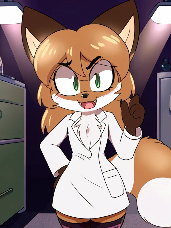 uploaded the e621, beautiful and detailed, woman (((female))) ((anthro)) Fox, (Averi, Fox girl), cinematic lighting, Fox, (anthro, fluffy fur), anthro fox girl, body fur, curvy, sexy, nice, cute, hot, comfortable anime-style cartoon-style, digital drawing, SFW, flat chest, green eyes, angry, smiling, nervous smile, sassy, sassy hips, smug, fangs, open mouth, looking at viewer, ((doctor uniform, wearing long white lab coat, open lab coat revealing chest, wearing white dress)), wearing a long white doctor's uniform that is open revealing her fluffy chest, wearing dress, wearing stethoscope on neck, (wearing sexy striped thigh highs, striped thigh high socks)